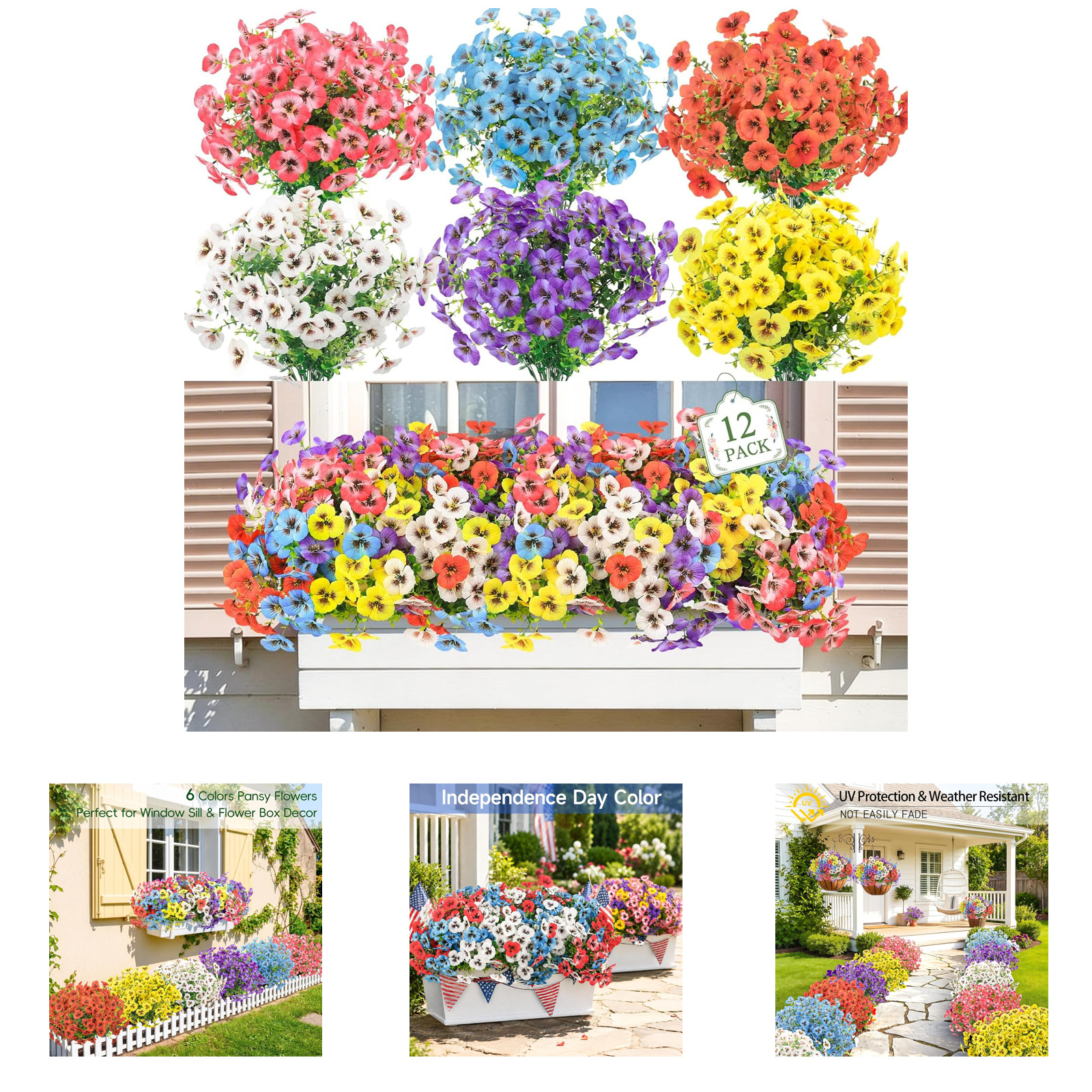 Artificial Flowers 12 Bundles UV Resistant Pansies for Outdoors, Faux Garden