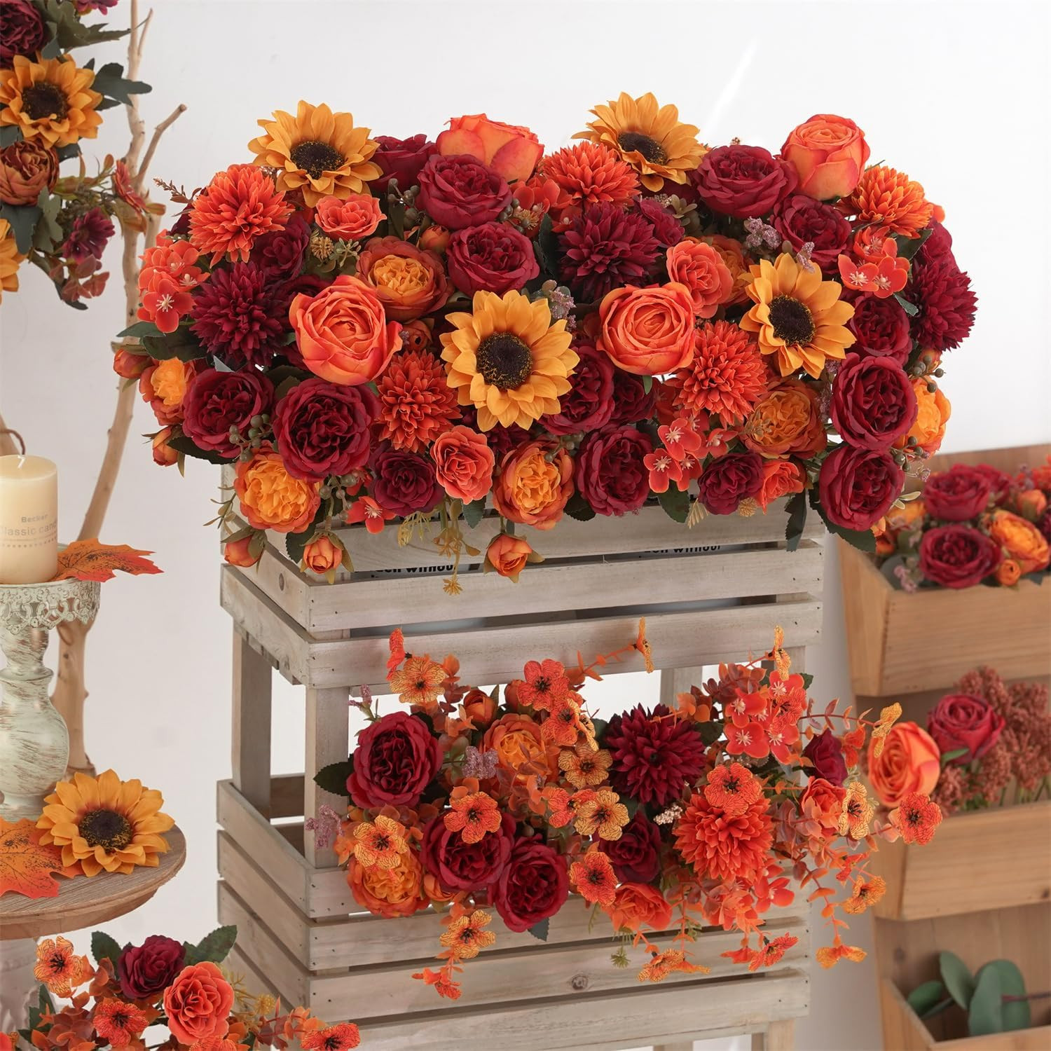 4 Pcs Mixed Autumn Artificial Peony Flower Set-2 Bouquets & 2 Stems, Burnt Orang