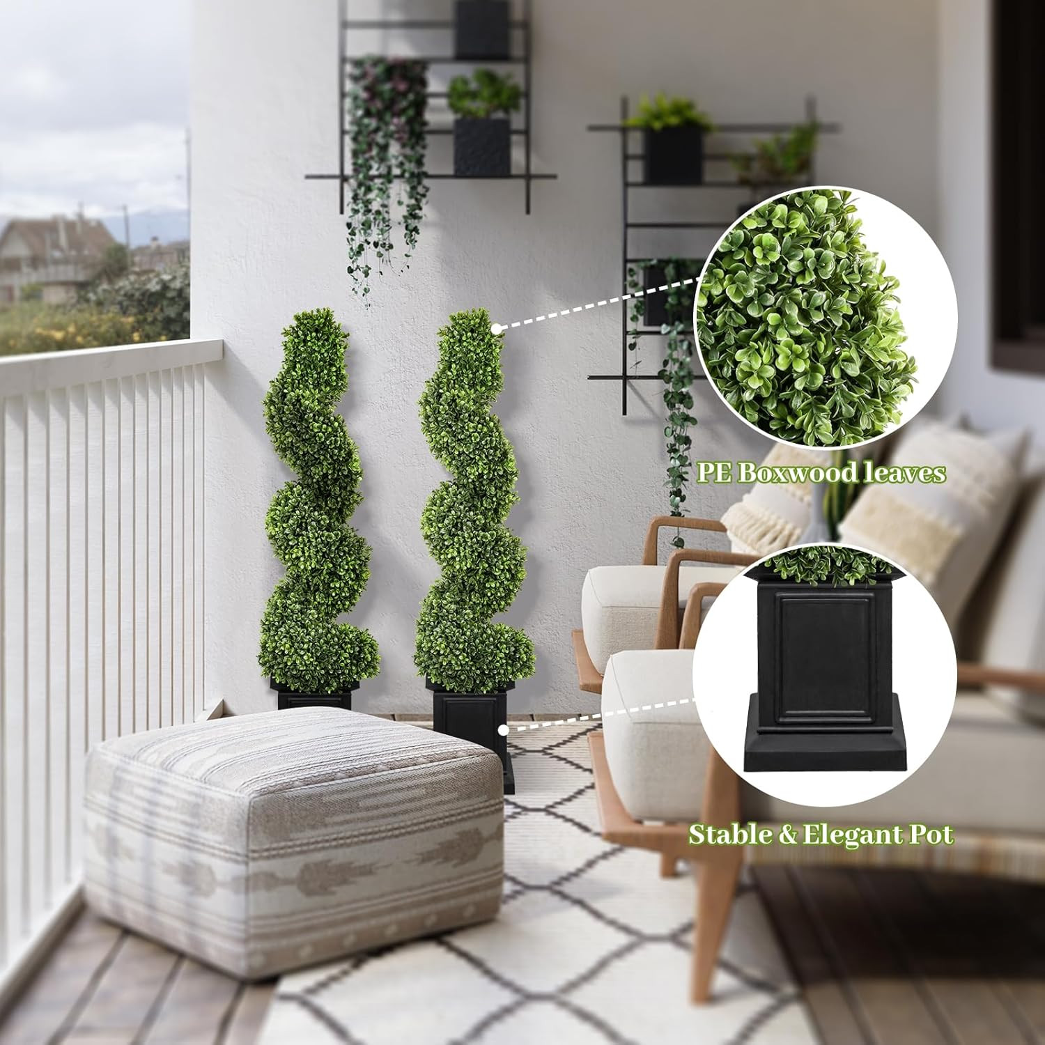 Boxwood Outdoor Topiary Set of 2, 3.5Ft Tall Porch Trees, All-Year Green Fake Pl