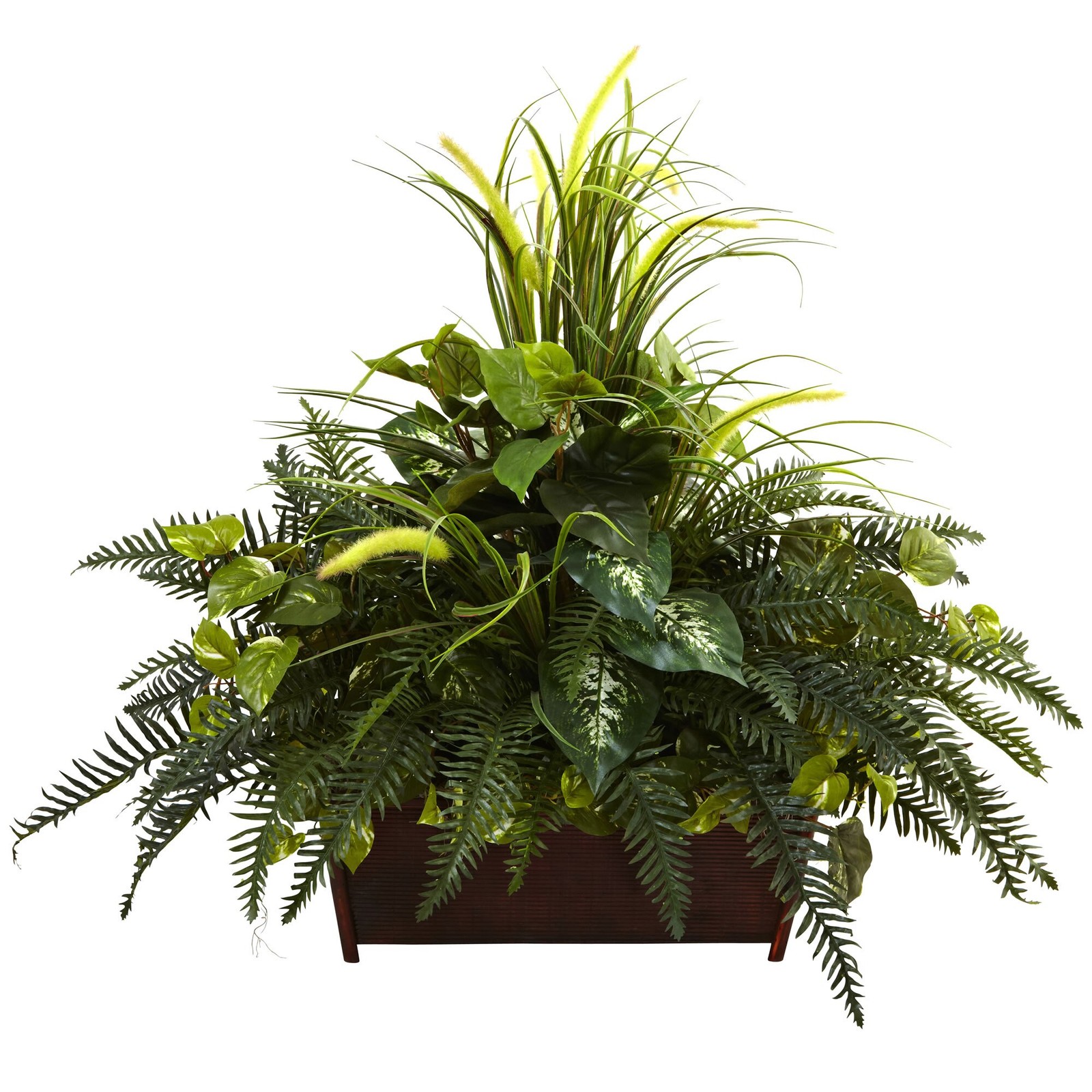 Mixed Grass & River Fern Wood Planter Realistic Nearly Natural 36 inch
