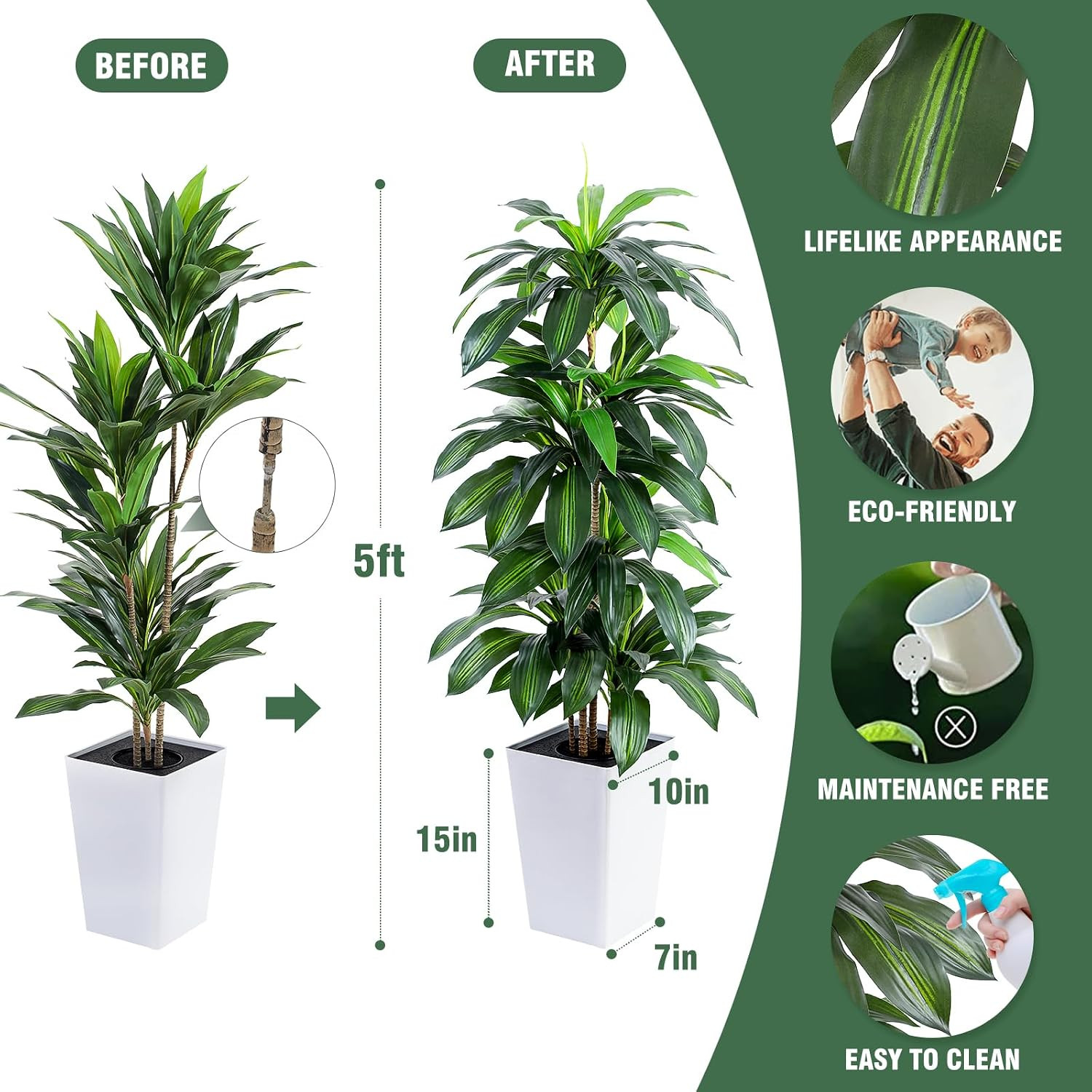Artificial Dracaena Tree with White Tall Planter, 5Ft Tall Potted Artificial Dra