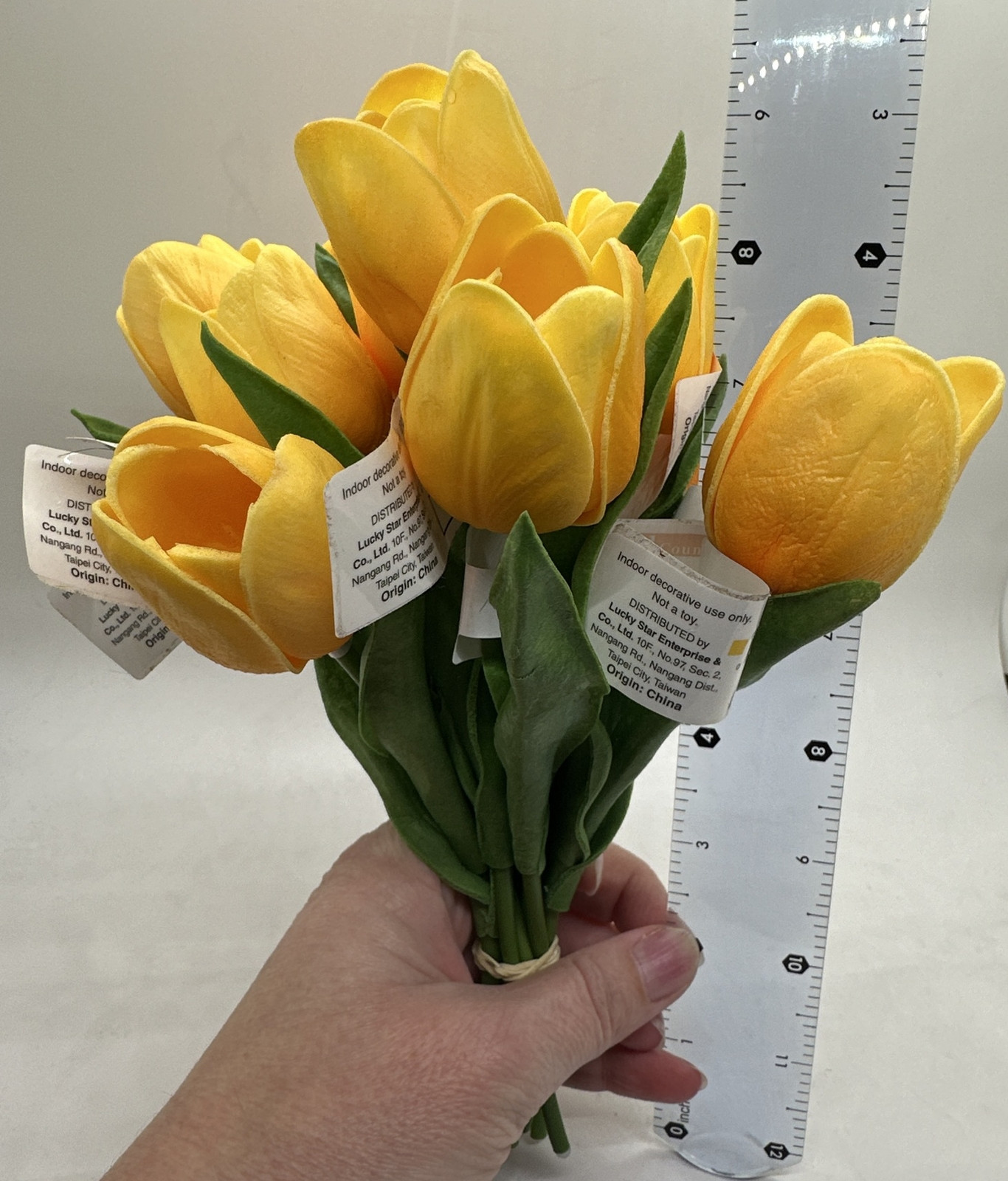 12 Artificial Tulips Flower “Real Touch” Stems w/ Flower & 2 Leaves in Yellow