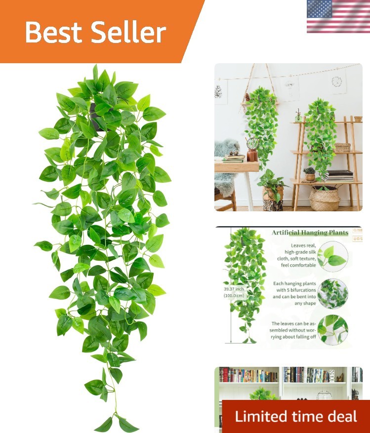 Elegant Black Pot Hanging Pothos – 39.37” Faux Plant for Home Aesthetics