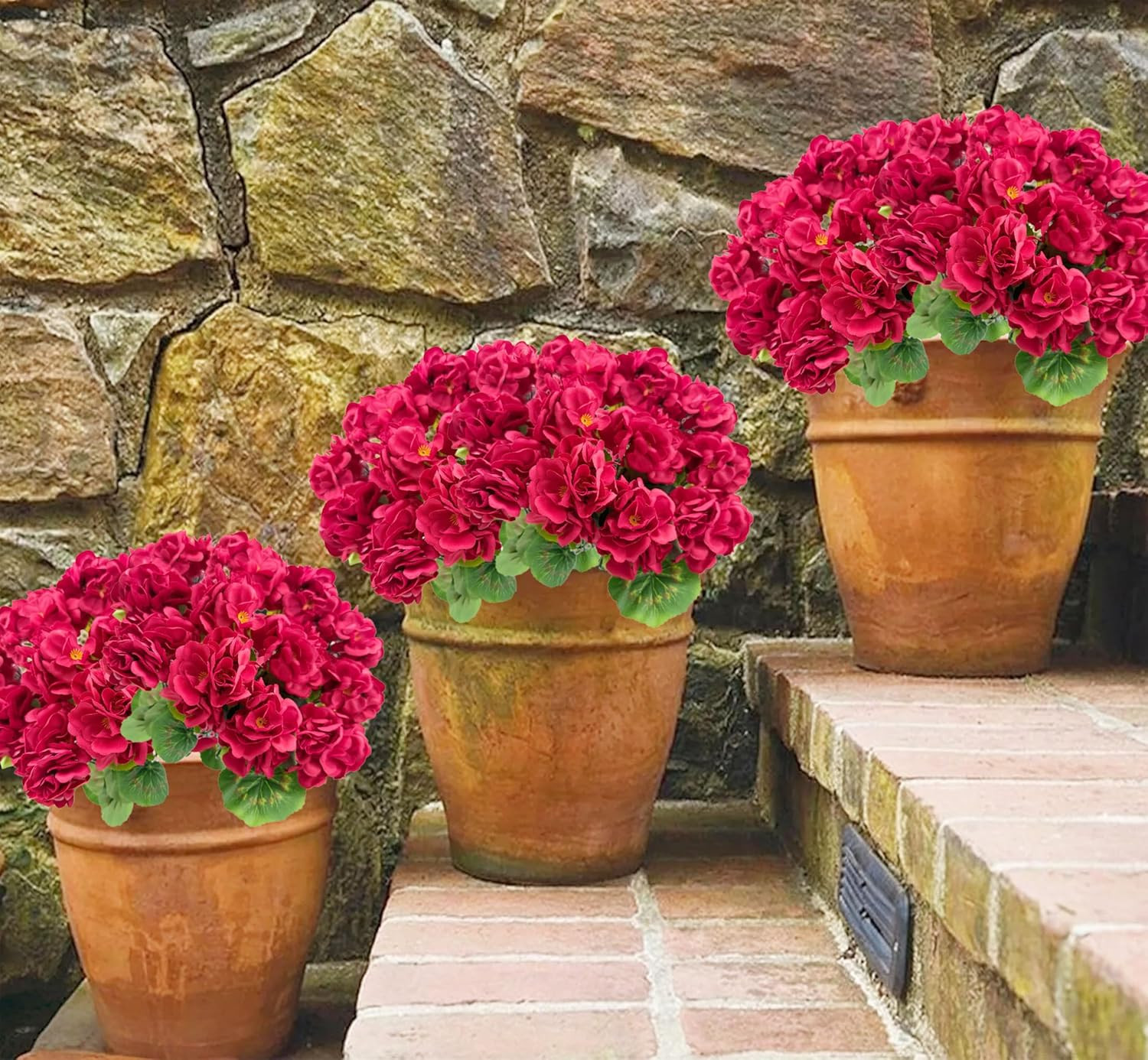 4PCS Red Artificial Geraniums Flowers Faux Geraniums Flowers Outdoor UV Resistan