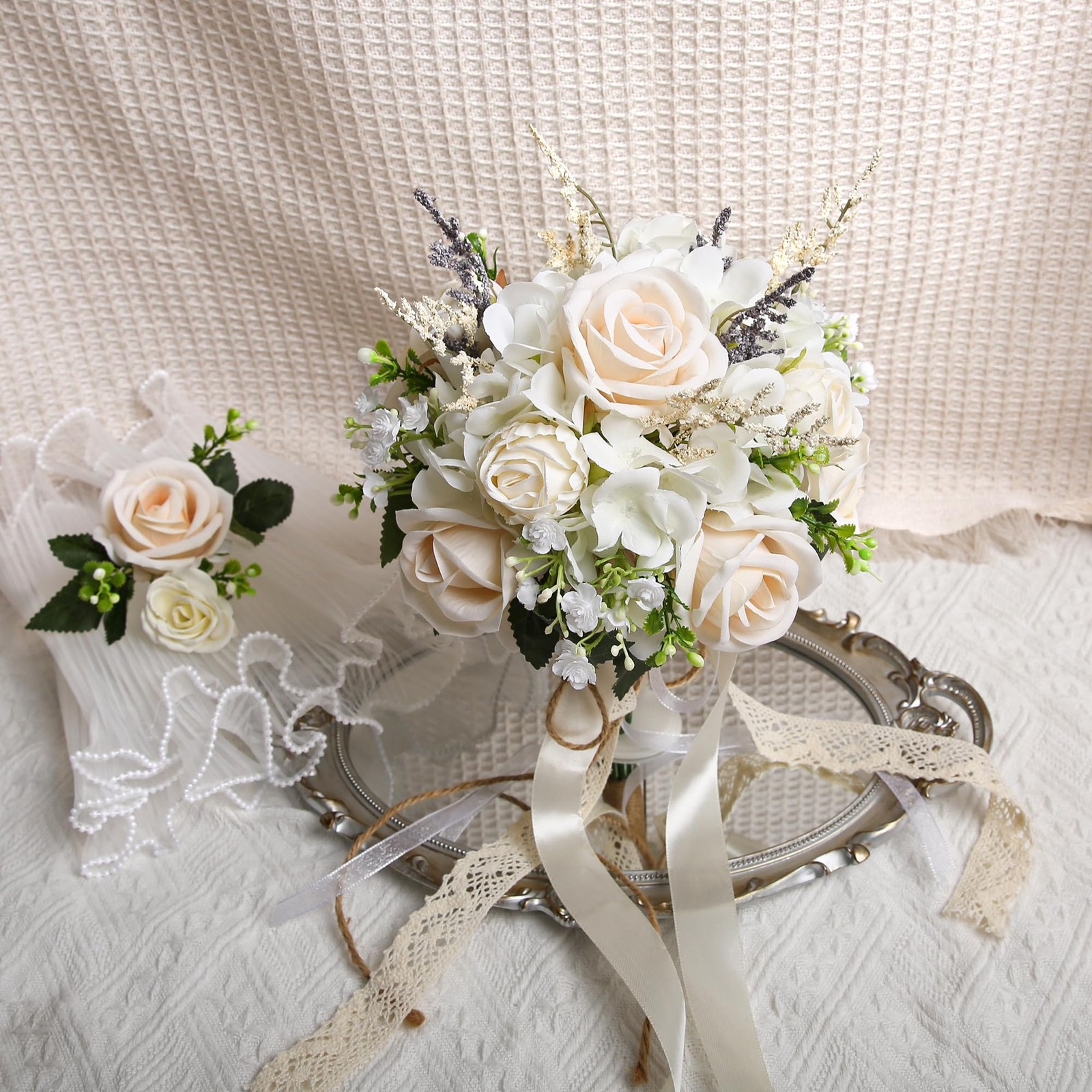 EZsenses Wedding Bouquets for Bride Bridesmaid, White Champagne Artificial Ro…