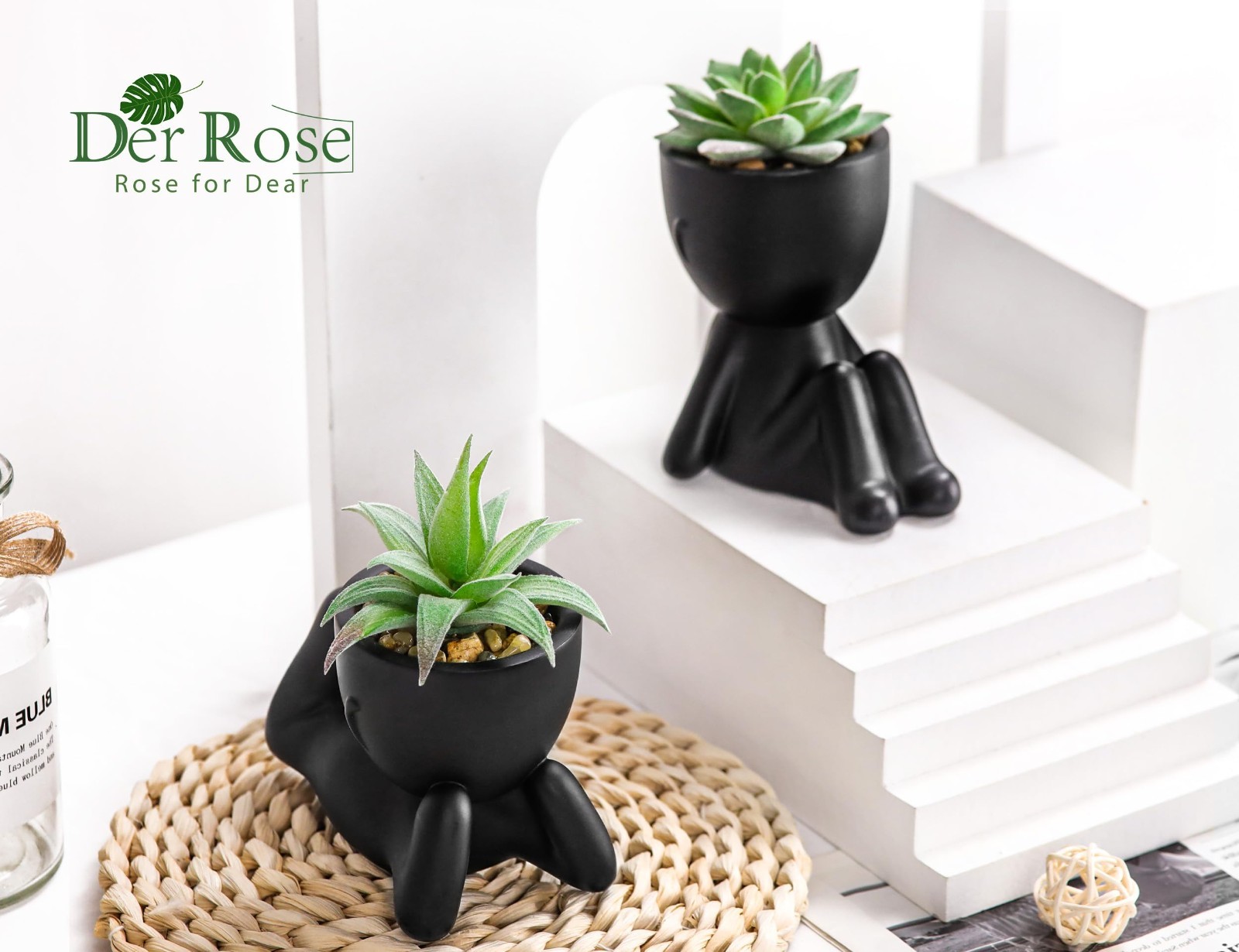 2 Pack Fake Succulents in Black Pots | Matte Sculptural Planters for Home Decor,