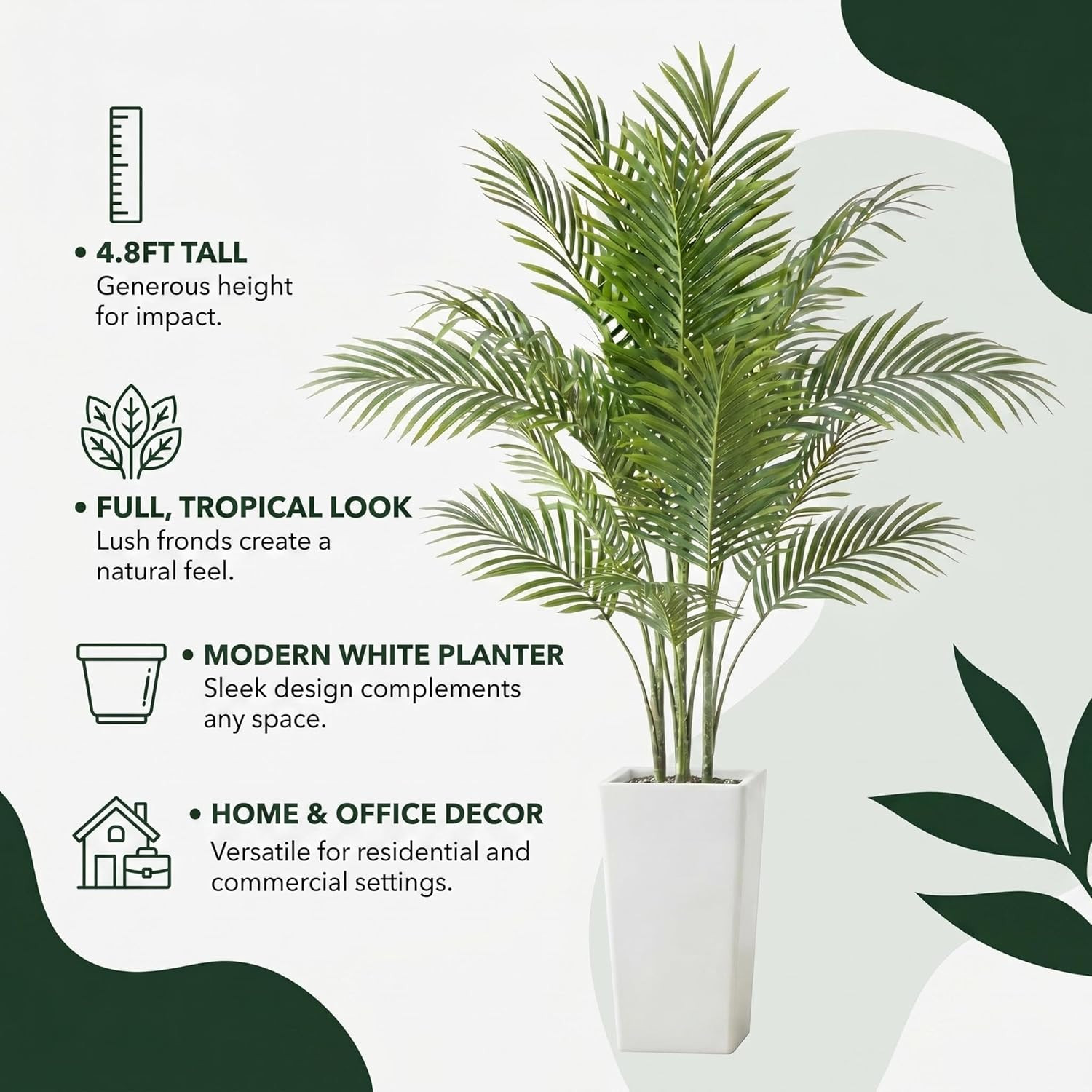 4.8FT Artificial Palm Tree with White Planter – Lifelike Indoor Tropical Decor