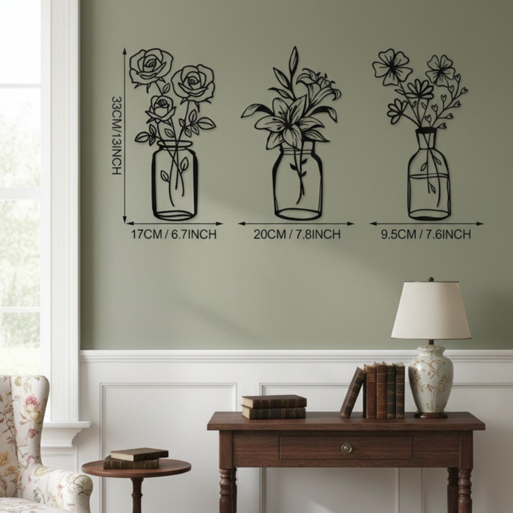 3-Piece Metal Tulip Wire Art Minimalist Home Decor, Stylish Graceful Room Design
