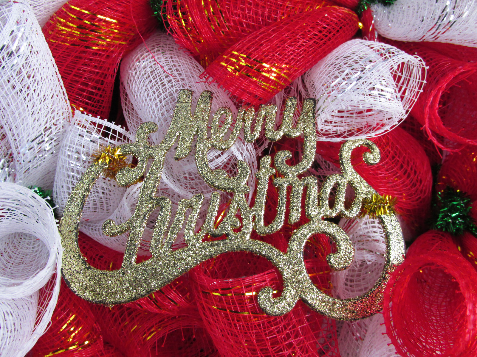 Red, White, and Green Woodland Cruffle Christmas Star Deco Mesh Wreath