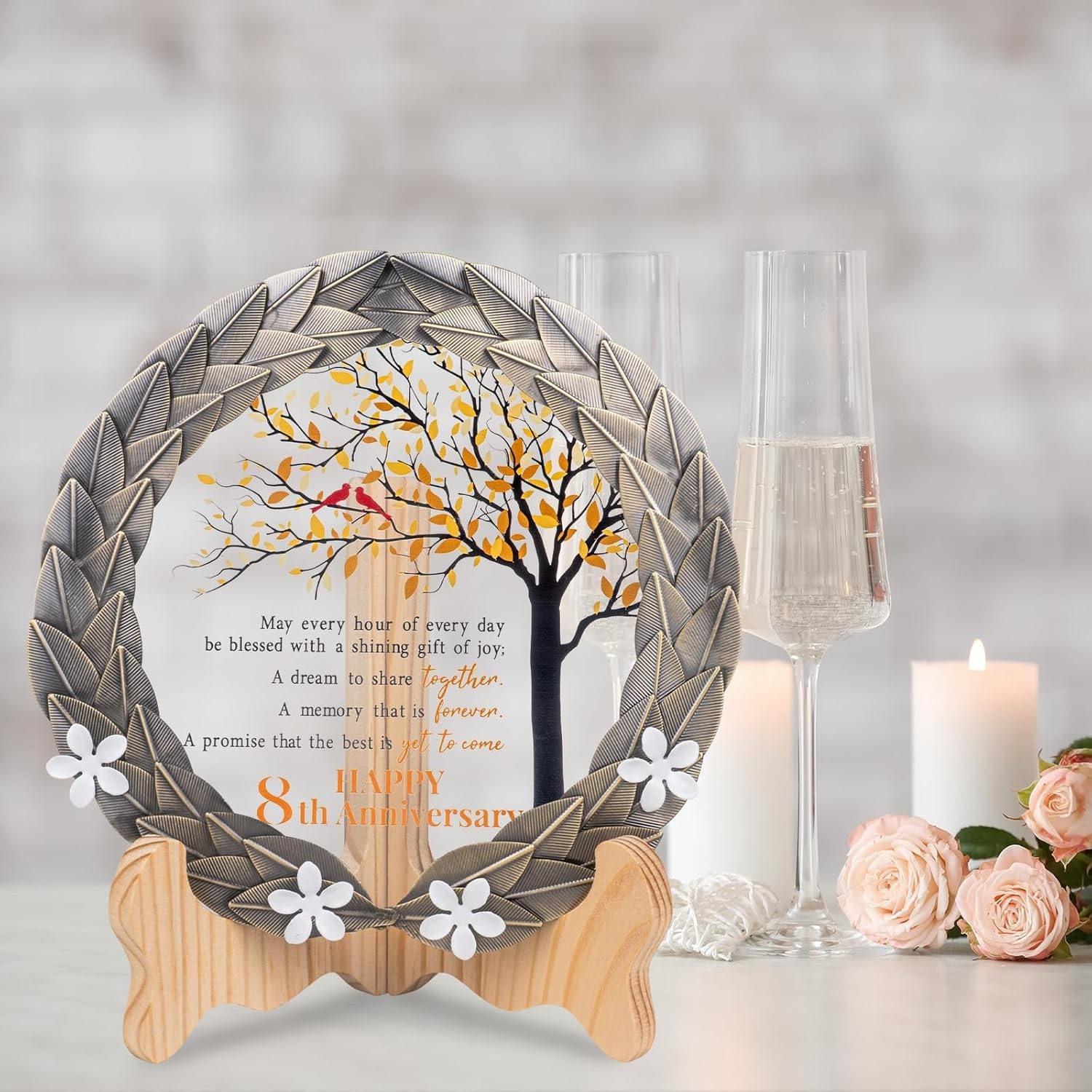 8th Anniversary Wedding Gifts Crystal Plate with Bronze Leaf Wreath – 8 Years