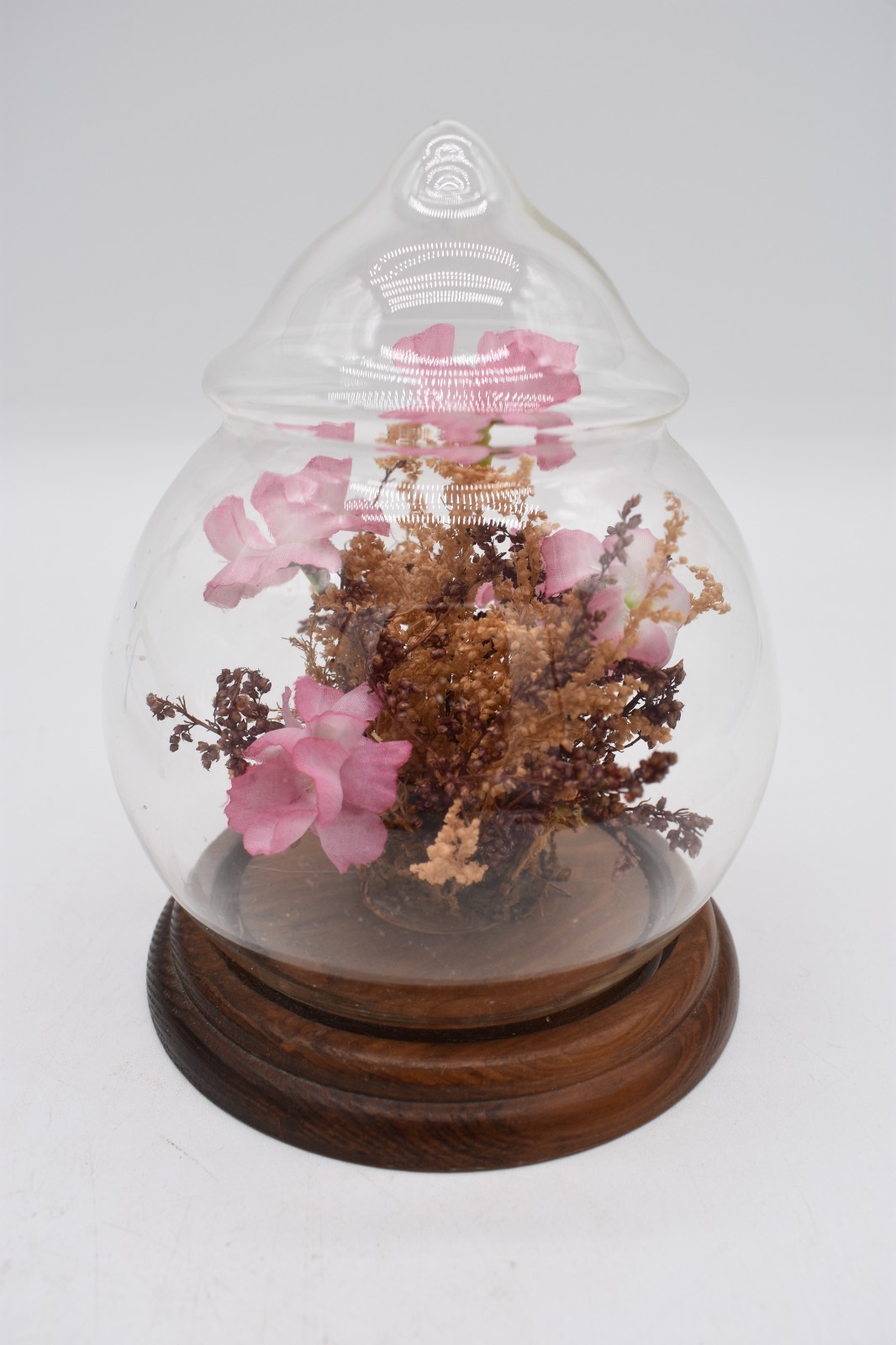 Vtg. Cloche Real/Faux Flowers Pretty Pink Wood/Glass OOAK Tabletop