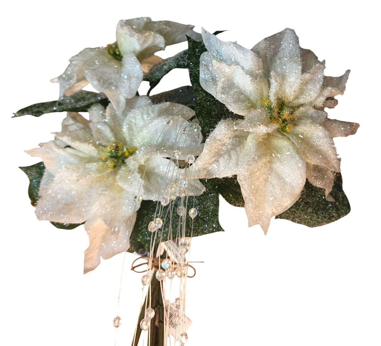 White Glitter Poinsettia Artificial Flowers With Crystal Bead Accents 4 Stems &