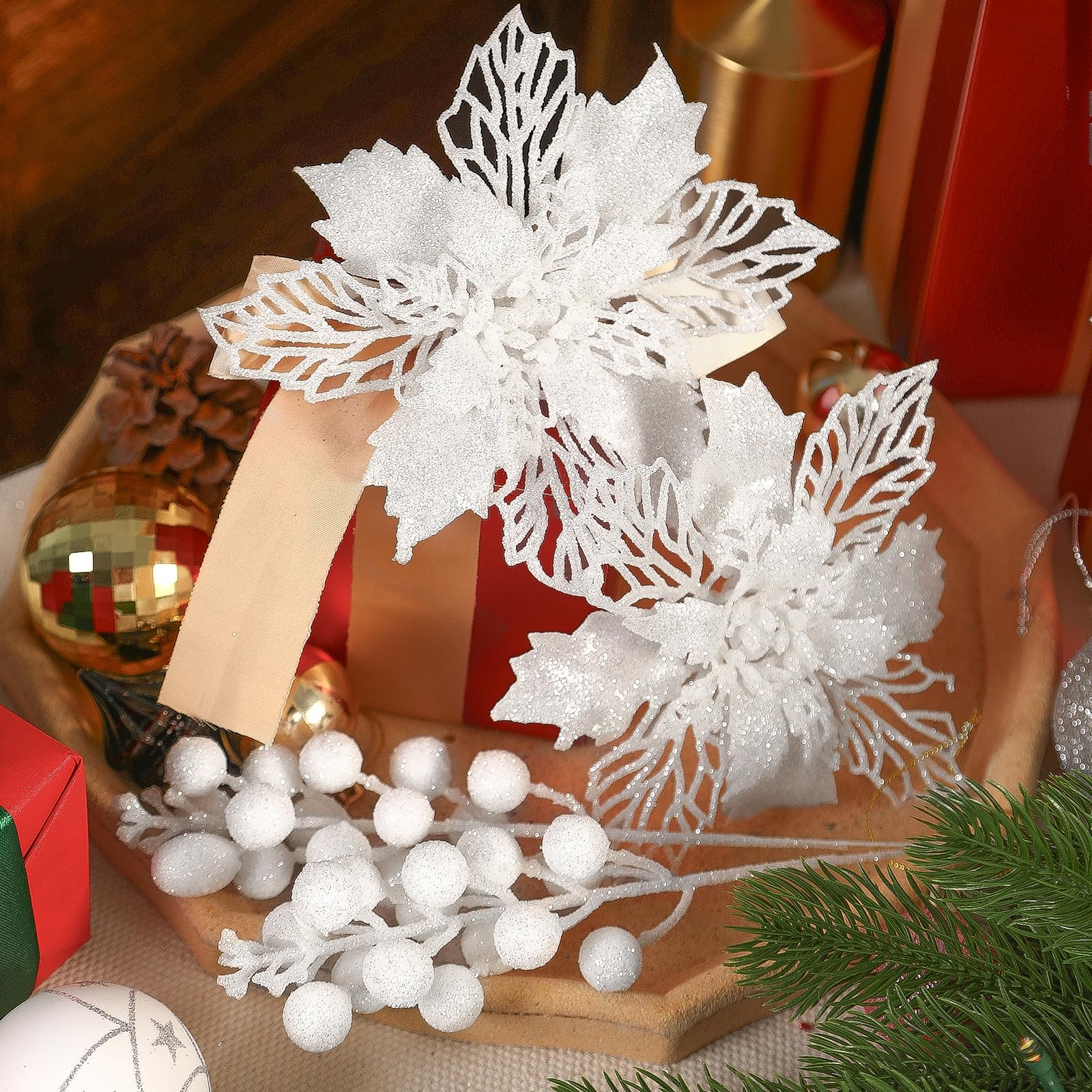 24 PCS Christmas Tree Decorations, 12 PCS Poinsettia Flowers Artificial+6 PCS…
