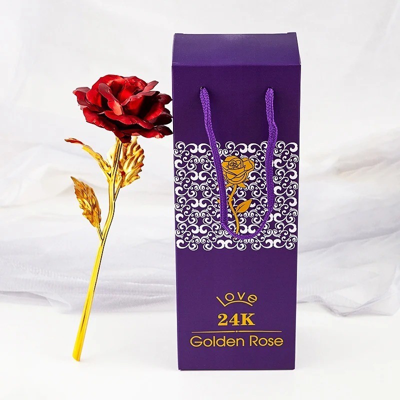 24k Gold Plated Foil Rose Flower Long Stem Dipped New Year Xmas Gift For Her