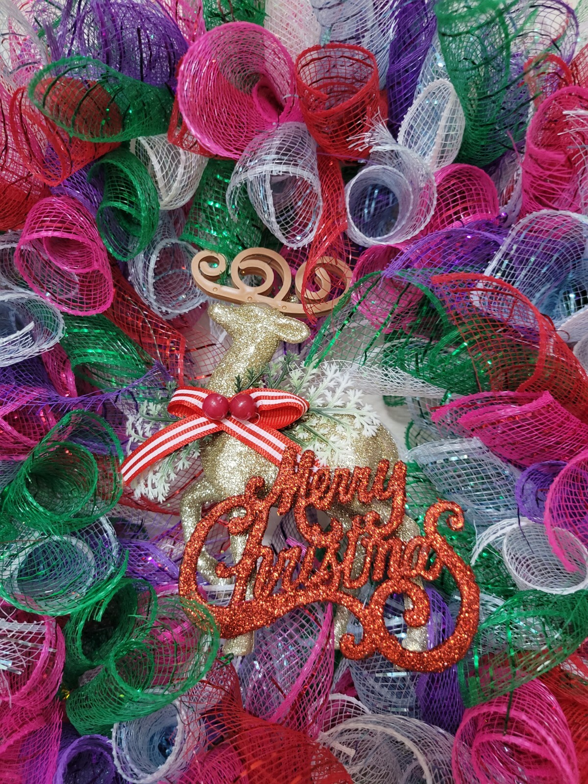 Merry Christmas Happy Holidays Mesh Front Door Wreath Wall Decoration deer color
