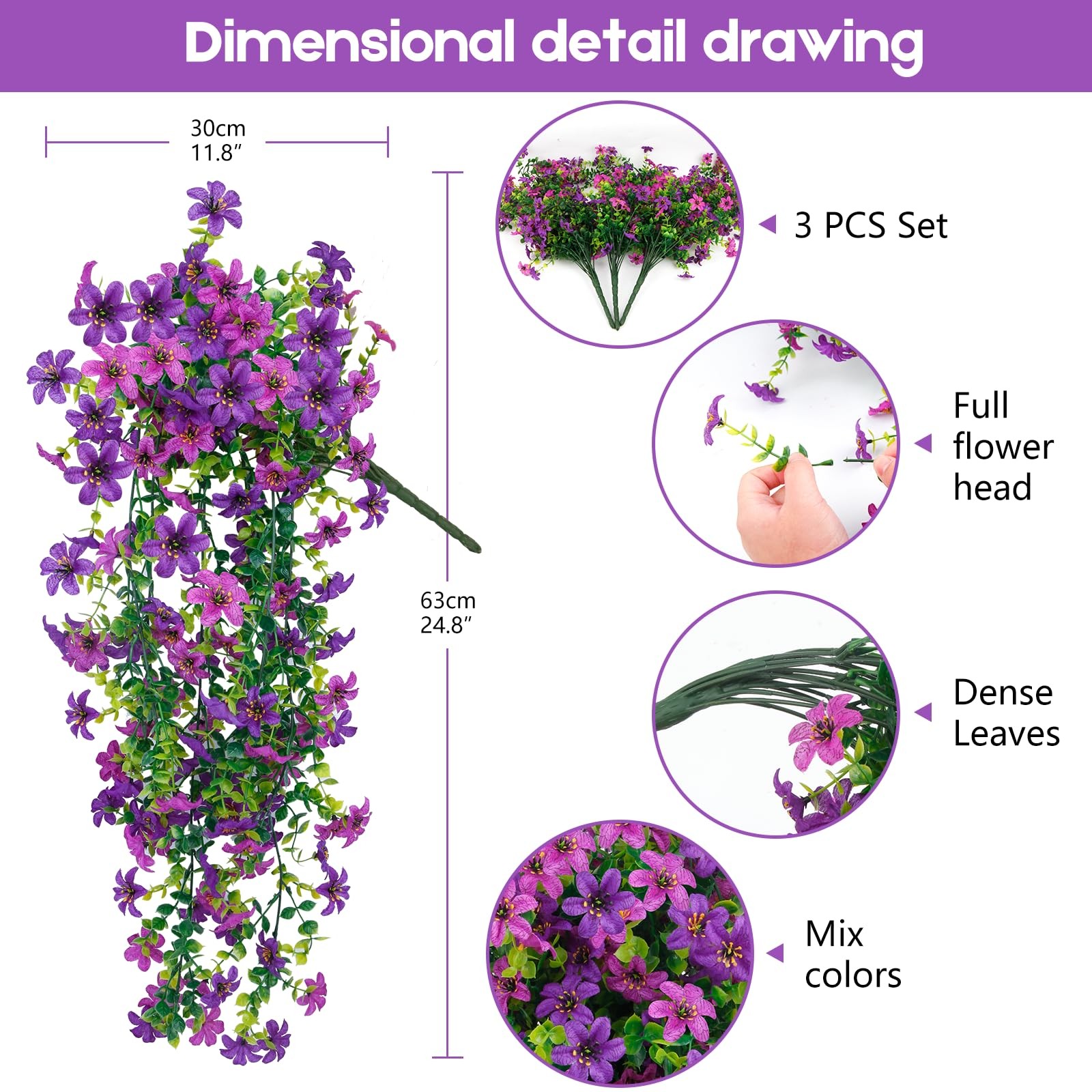 Artificial Hanging Flowers for Outdoors 3 Pack UV Resistant Faux for Planters