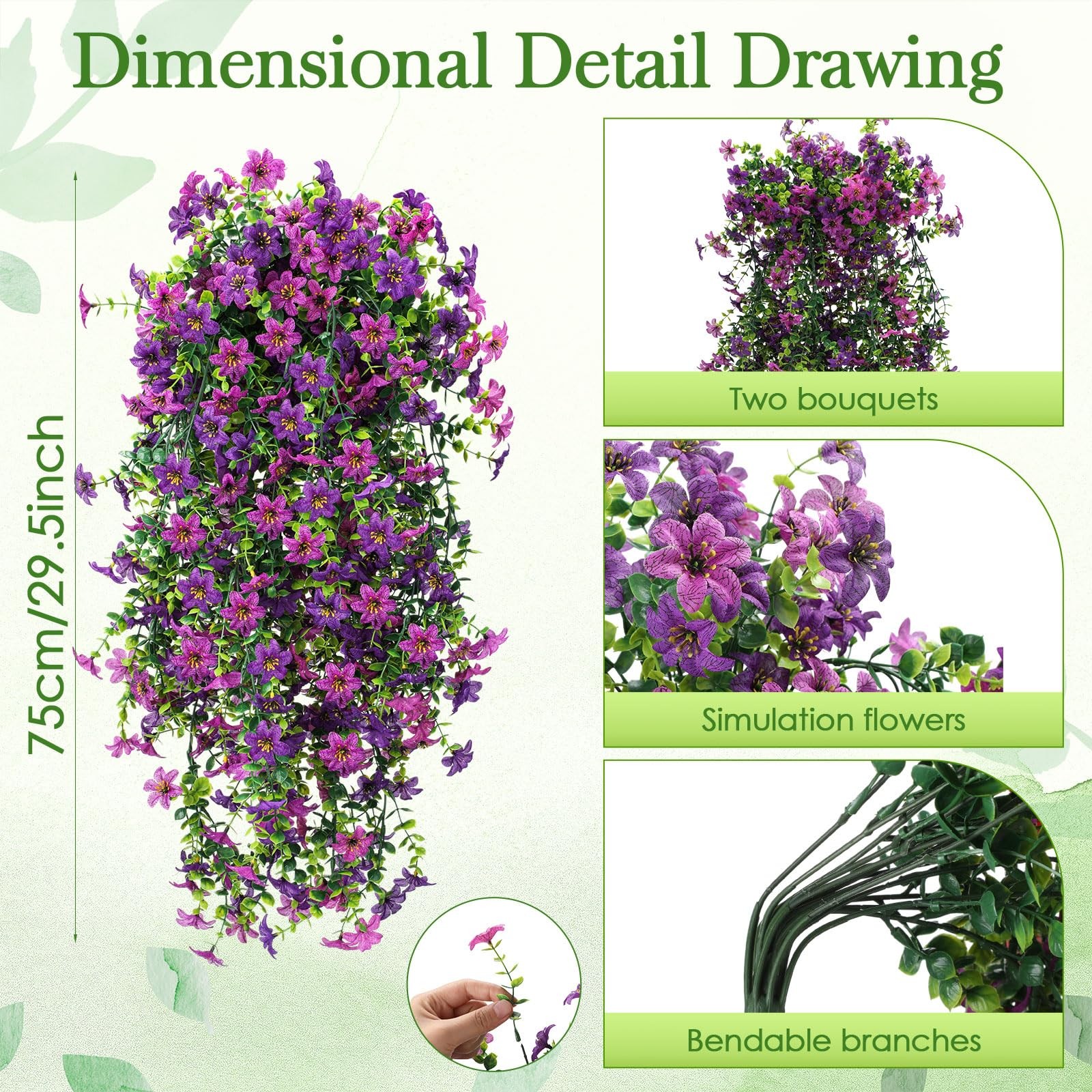 Juinte 4 Pcs Full & Lush Artificial Hanging Flowers for Outdoors, 64 Branches…