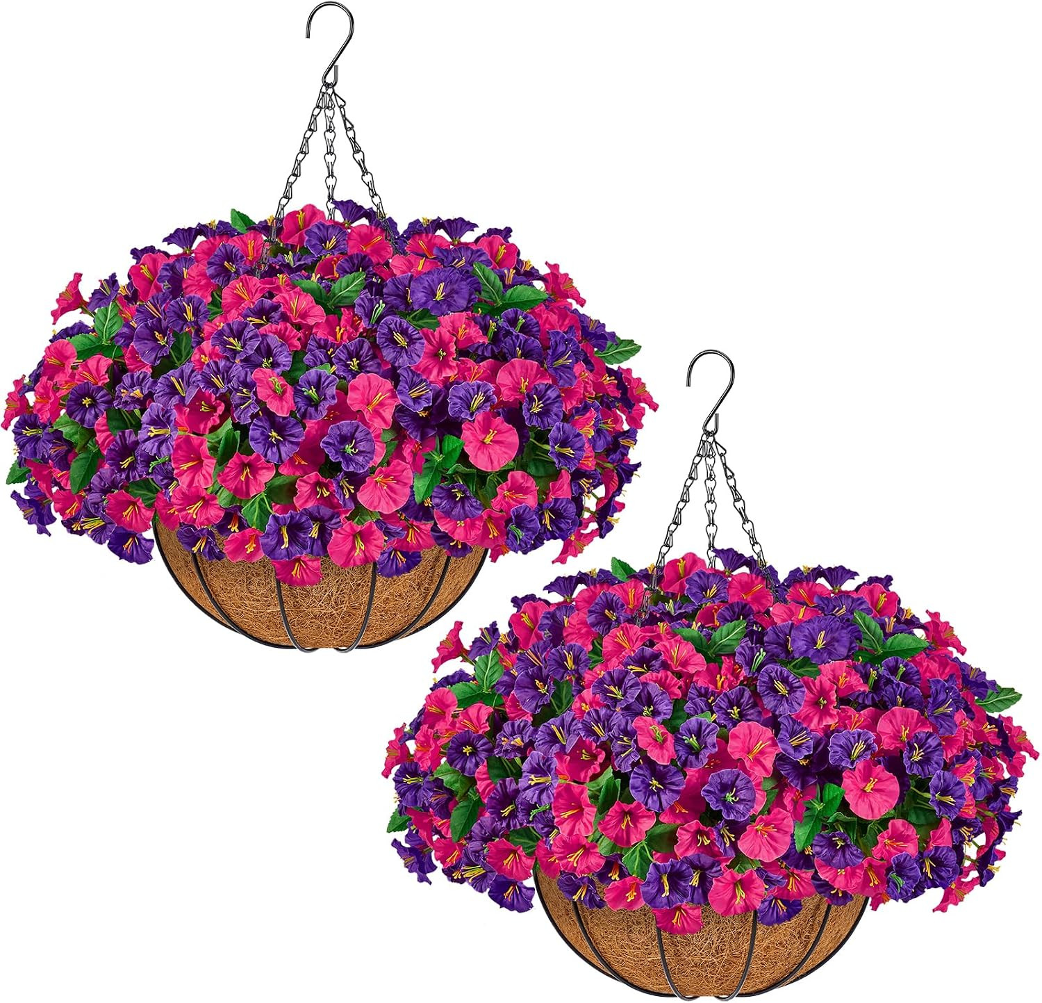 2Pack Artificial Hanging Flower Baskets for Outdoor Decor,Fuchsia & Purpleb | In