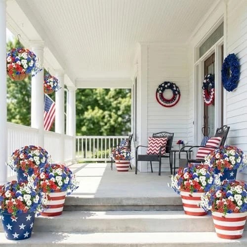 Artificial Hanging Flower Baskets 2 Sets 24 Pieces Red White Blue Patriotic