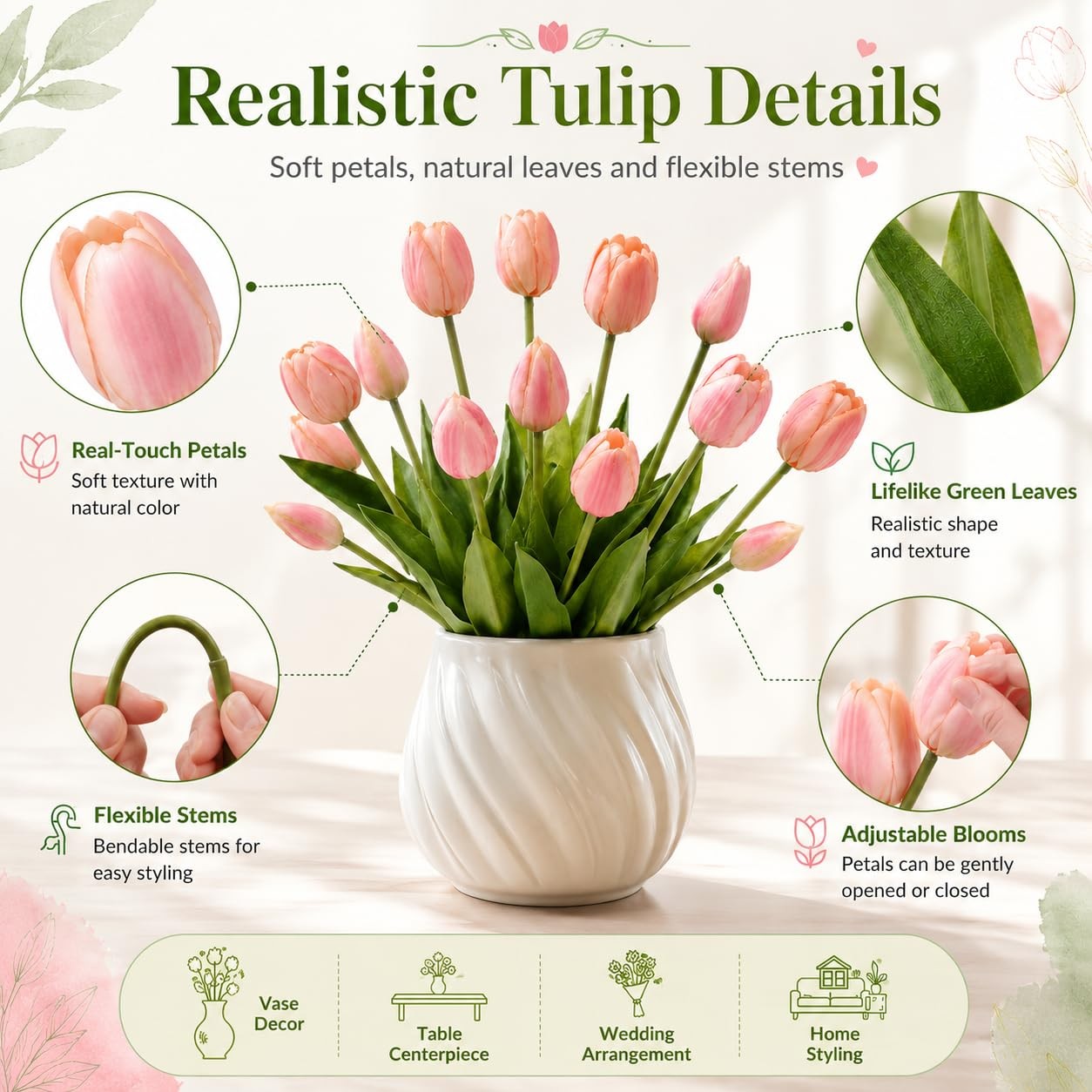 LINSIE 15 Pcs White-Orange-Light Purple Artificial Tulips Fake Flowers, Premi…