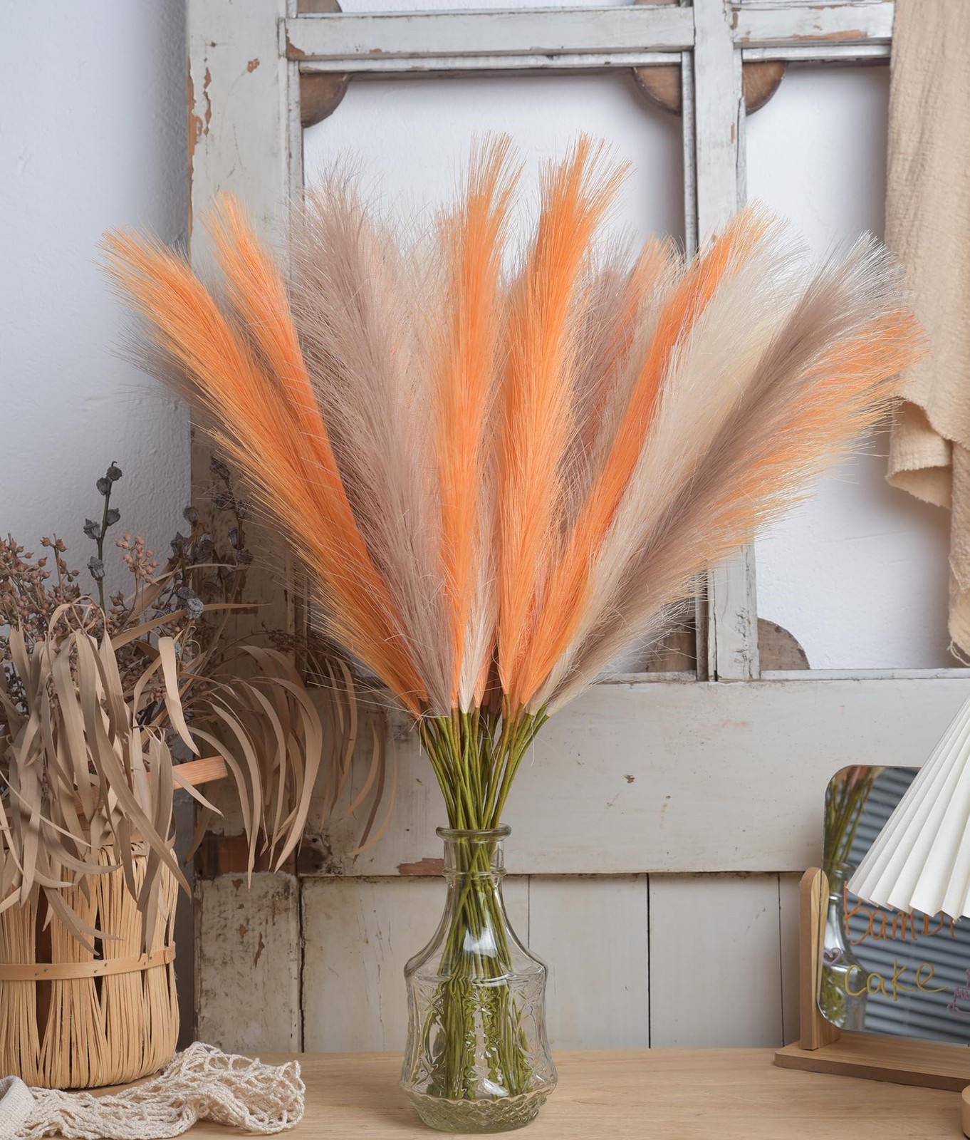 Orange Pampas Grass Decor 23 Inch 12 PCS Faux Fake Flower Living Room Vase