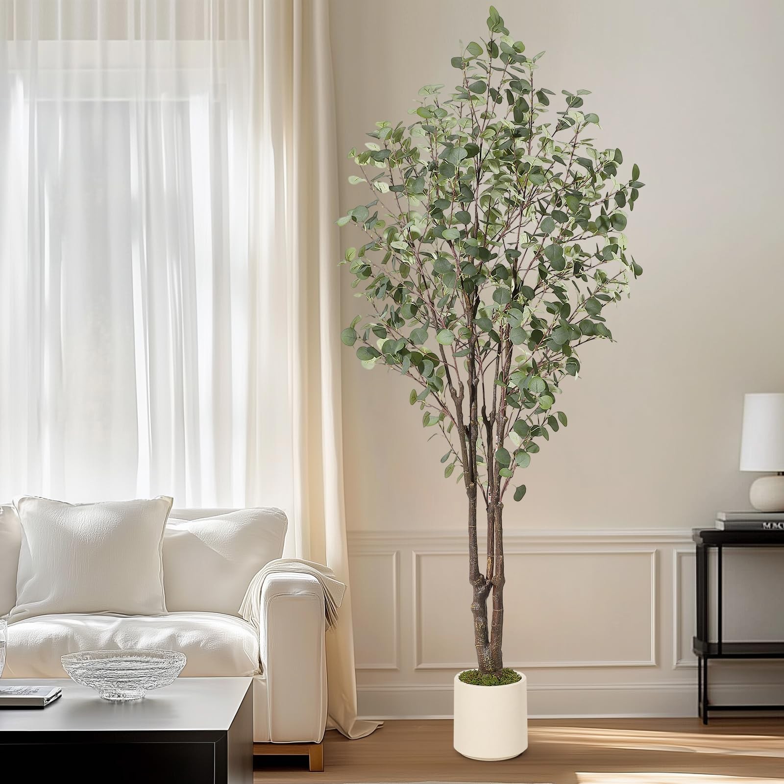 Artificial Eucalyptus Tree, 7 ft Tall Fake Artificial Plant with White Plante…
