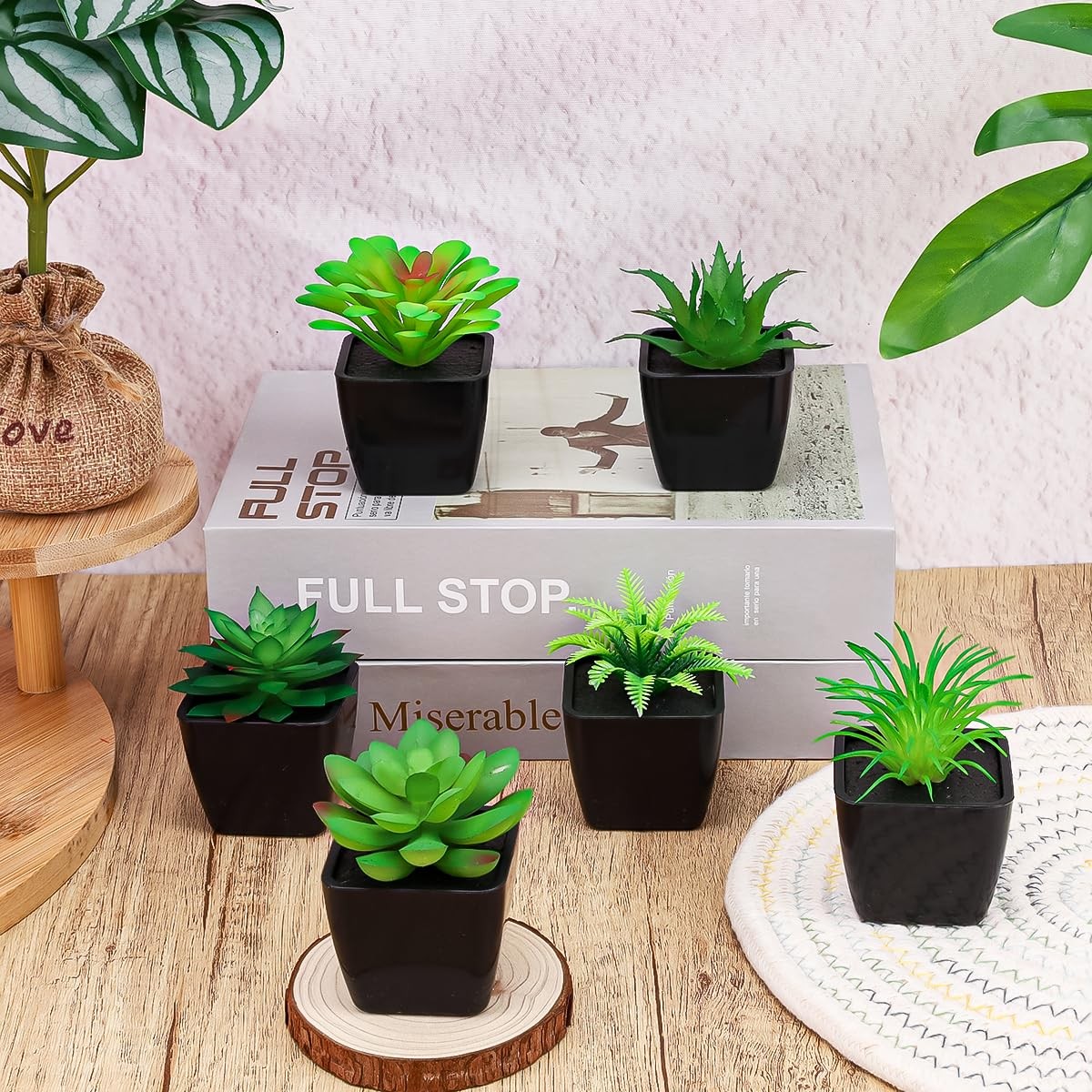 Artificial Succulent Plant 6 PCS Potted Small Fake Greenery Black Pots