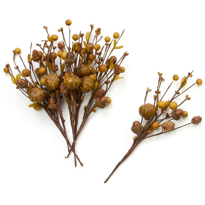 Package of 6 Green Brown Faux Berry, Acorn, and Pumpkin 9-1/2″ Floral Picks