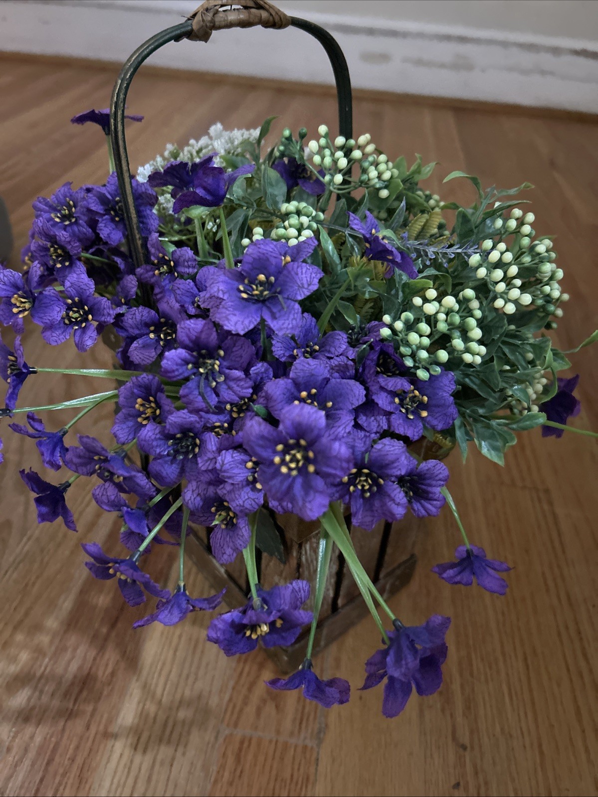 Beautiful Purple & White Floral Arrangement In A Crate With Handle Metal Leaves