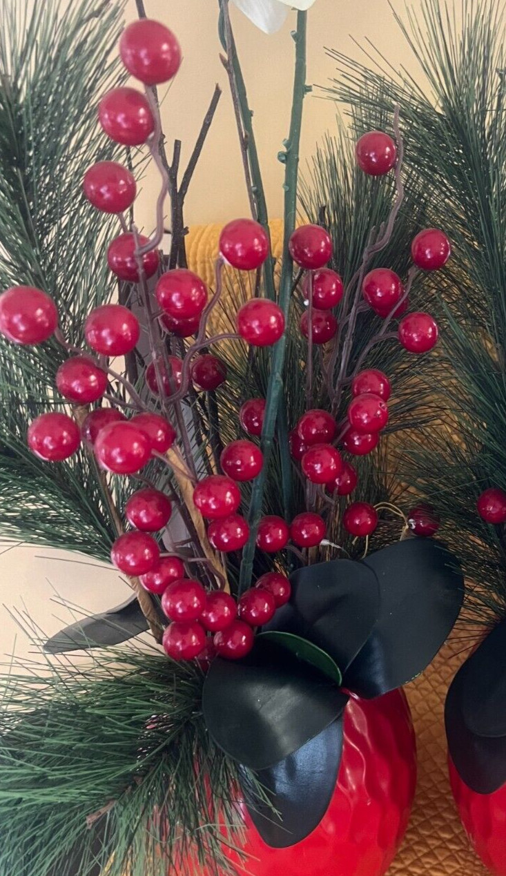 Christmas Orchid Pine Berry Floral Arrangements Mantle Topiary Ceramic Pots x2