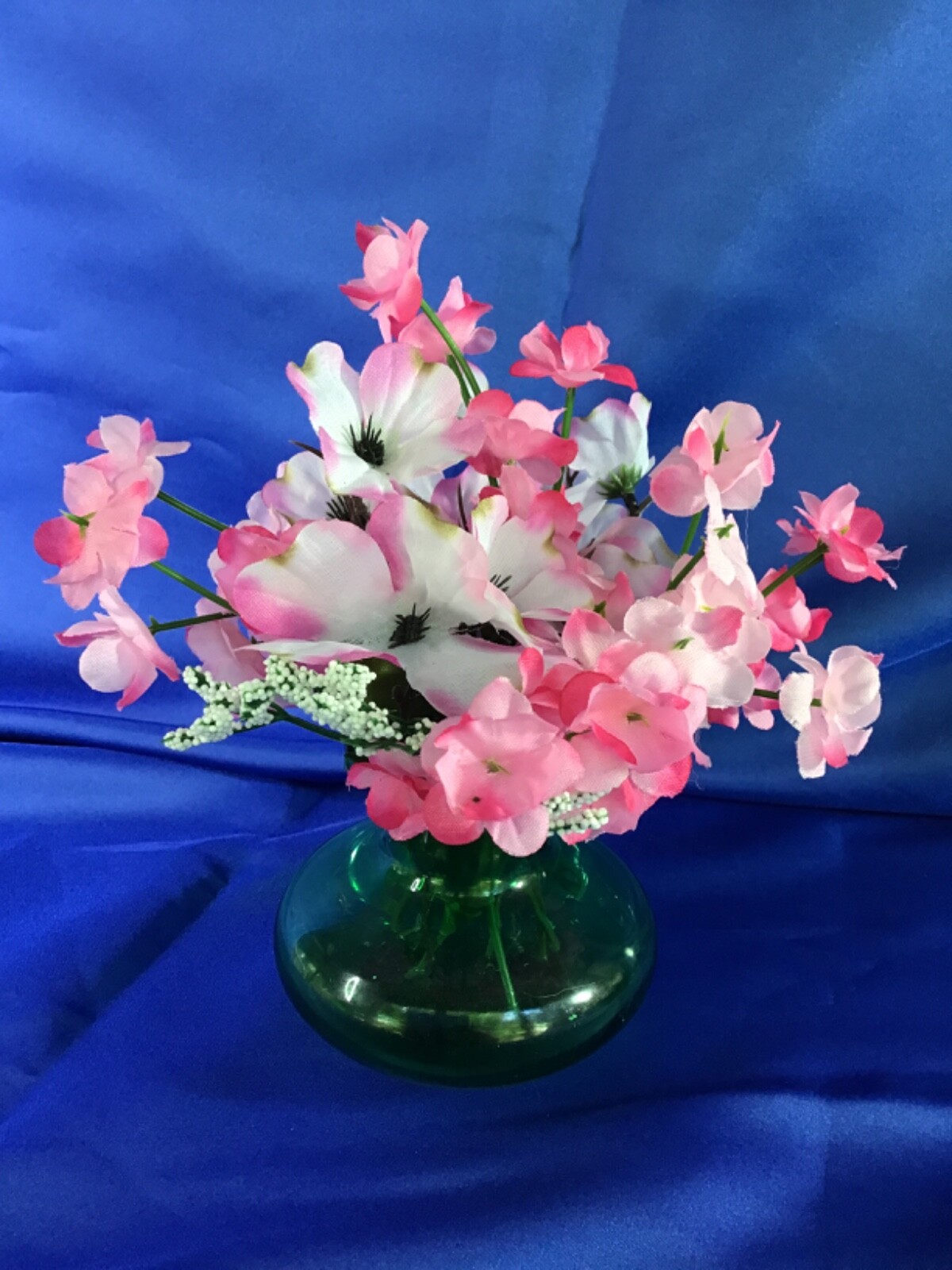 Vintage Small Green Vase with Pink & White Artificial Flower Arrangement