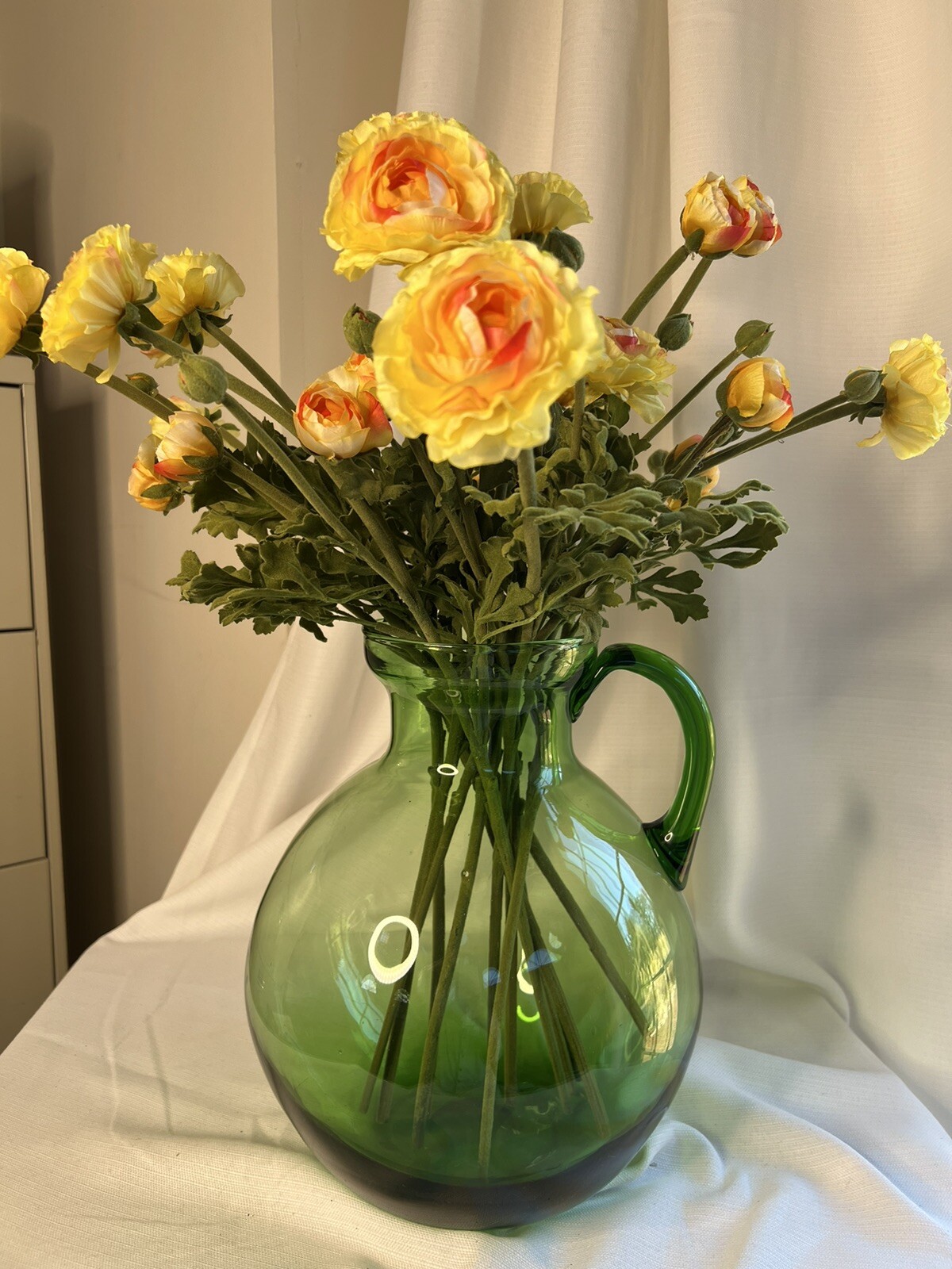 Large Custom Floral Arrangement Realistic Yellow Ranunculus In Green Glass Jug
