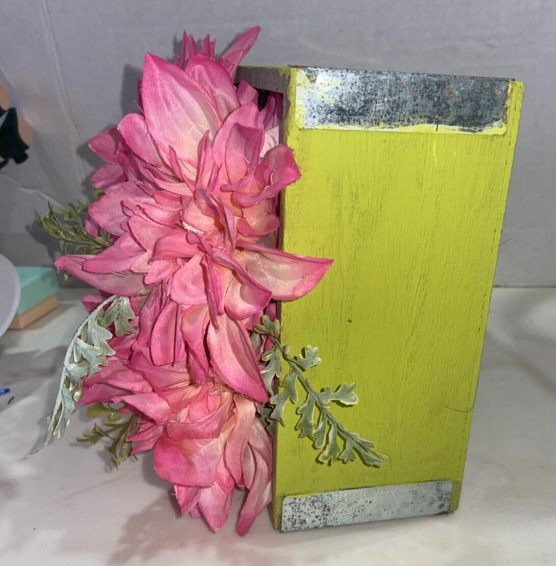 Floral Arrangement Pink Flowers Green Wood Container 3X7X7″