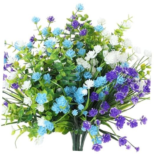 12 Bundles Artificial Flowers Outdoor, UV Resistant Faux Blue, Purple, White
