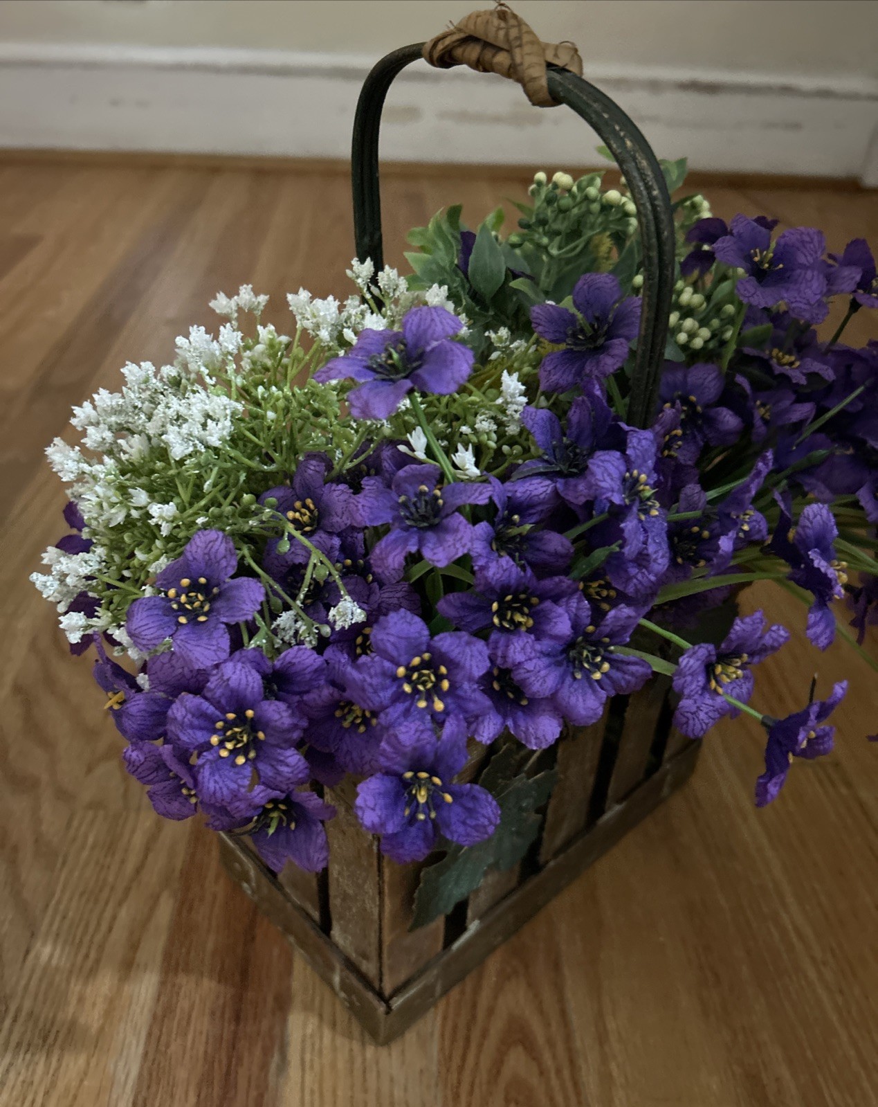 Beautiful Purple & White Floral Arrangement In A Crate With Handle Metal Leaves