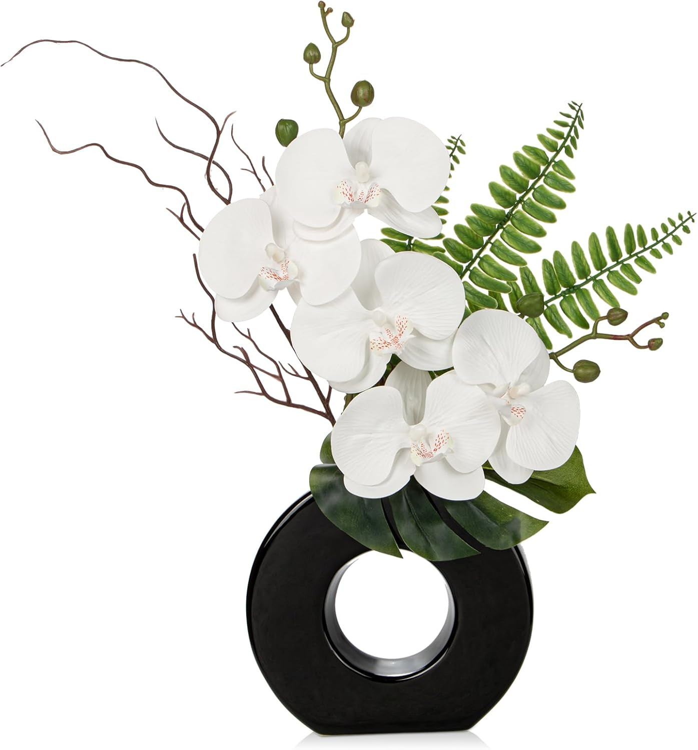 16.1” White Artificial Orchid in Black Pot – Modern Home Office Decor