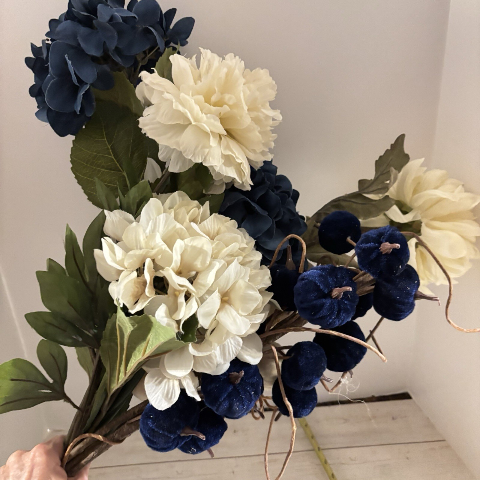 Long 31” Stem Huge Silk Variety White, Blue Flowers & Navy Long Stem Pumpkins