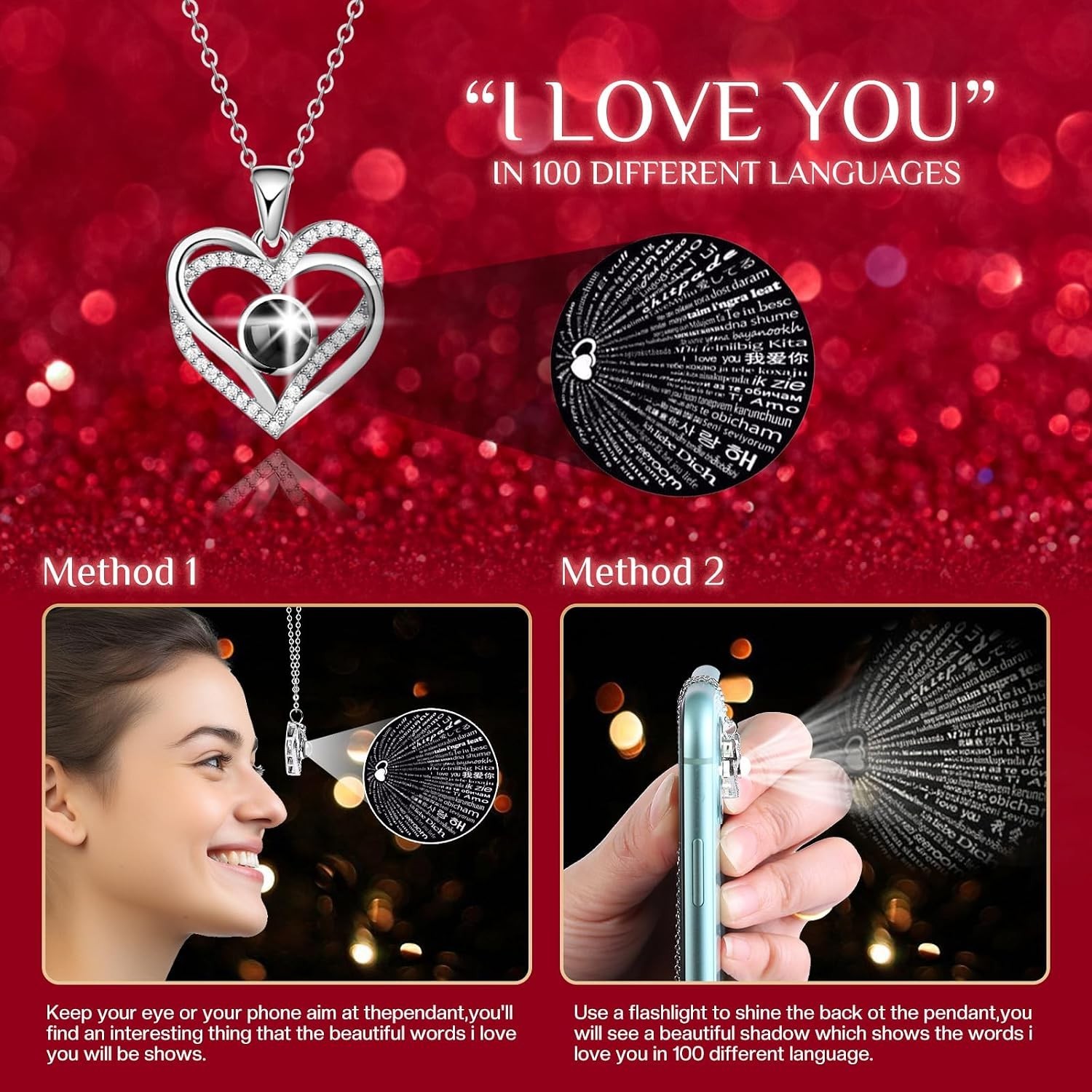Romantic Preserved Rose with I Love You in 100 Languages Pendant Necklace