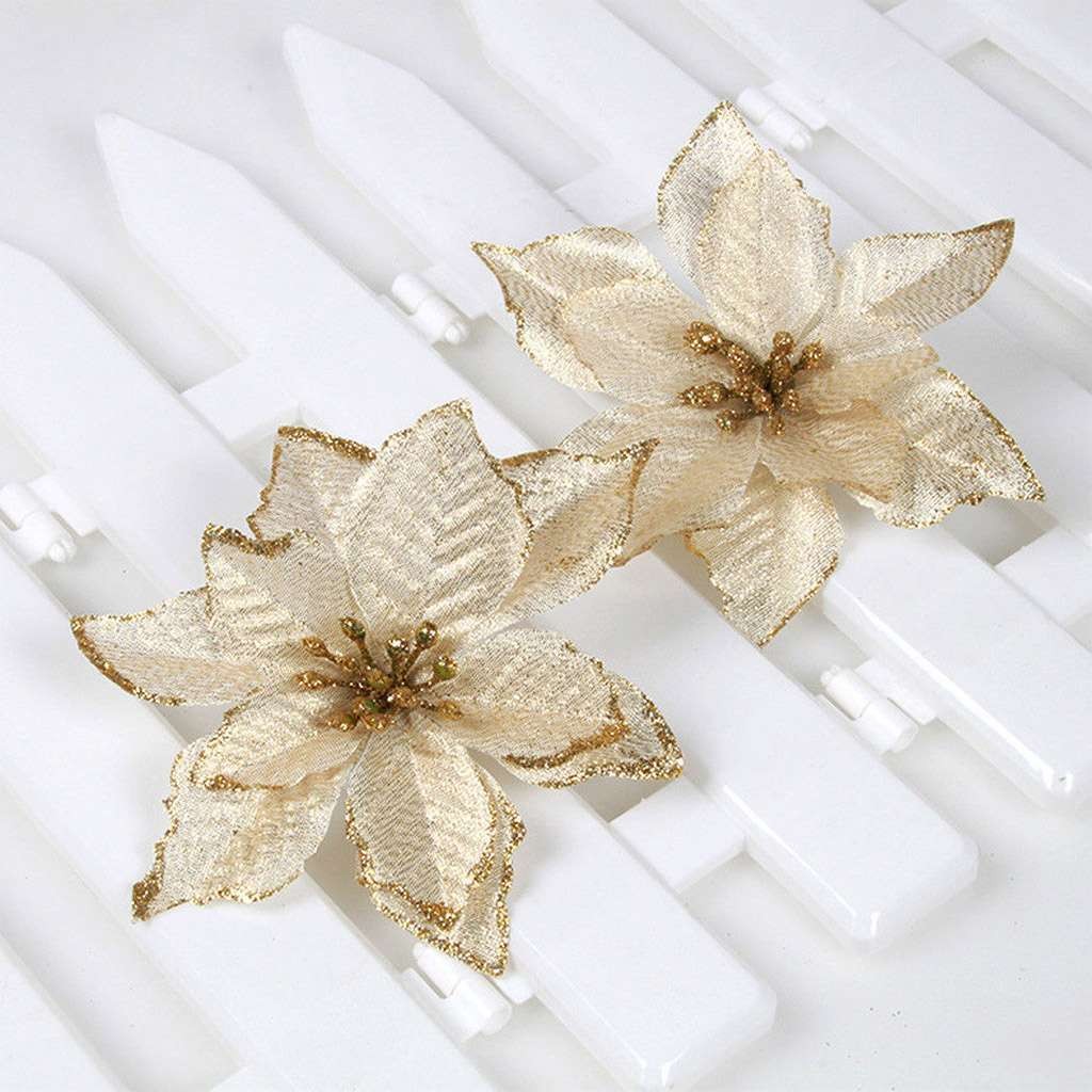 12pcs Glitter Artificial Poinsettia Flower Christmas Tree Ornaments Home Decor