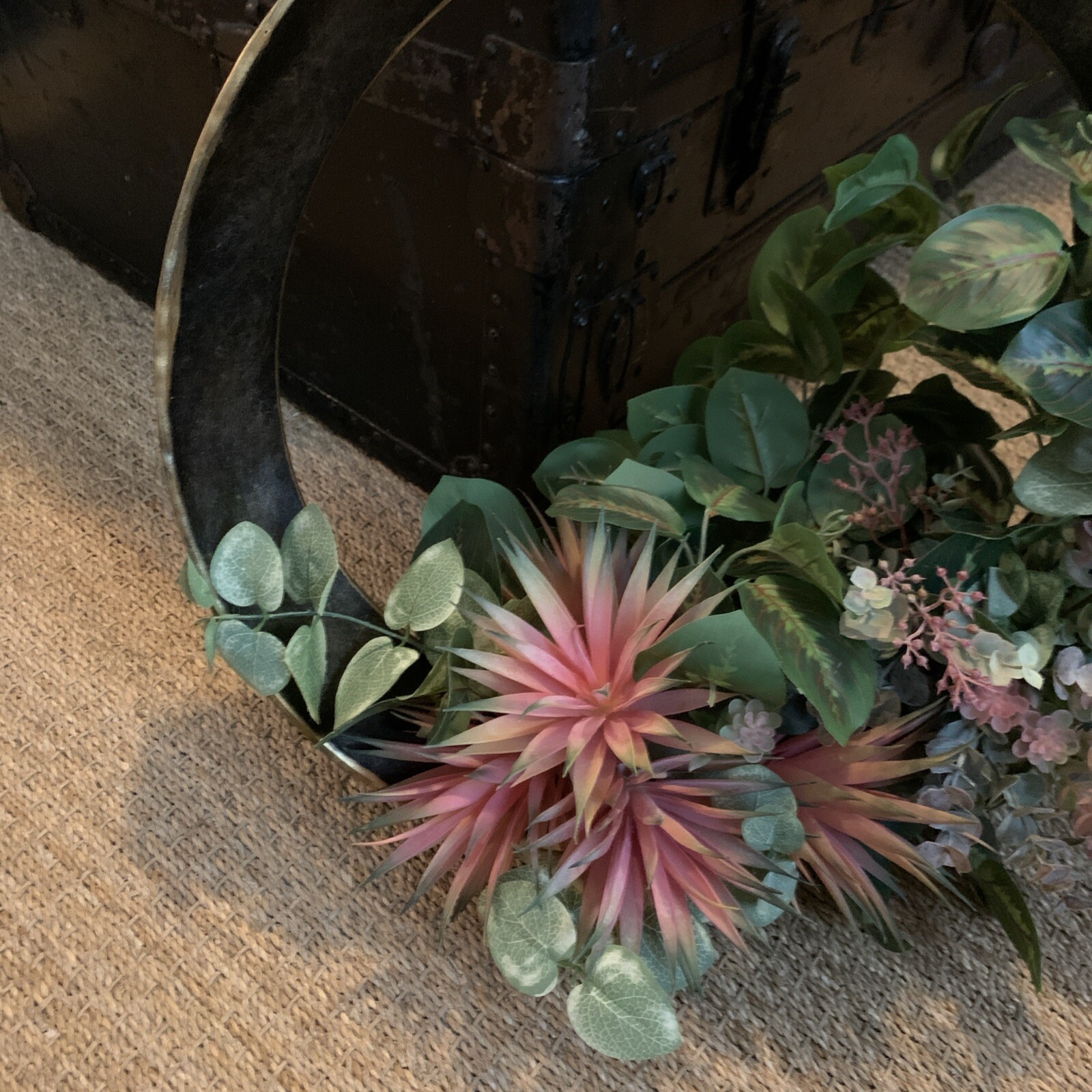 Unique Handcrafted Table Top Faux Floral Arrangement In Circular Decor Base
