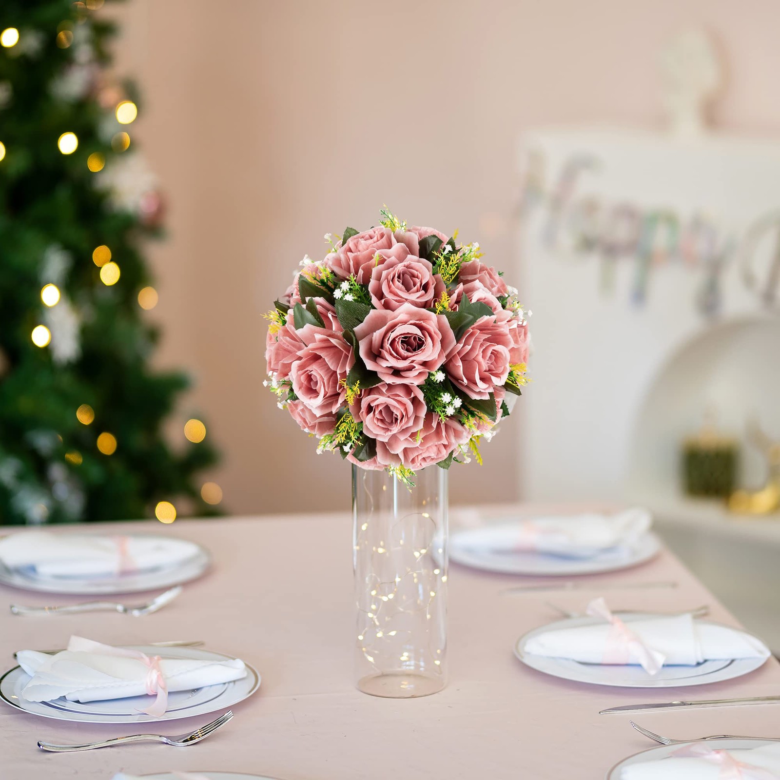 Dusty Pink Flowers Centerpieces 2 Pcs Artificial Roses Flowers Balls for Wedd…
