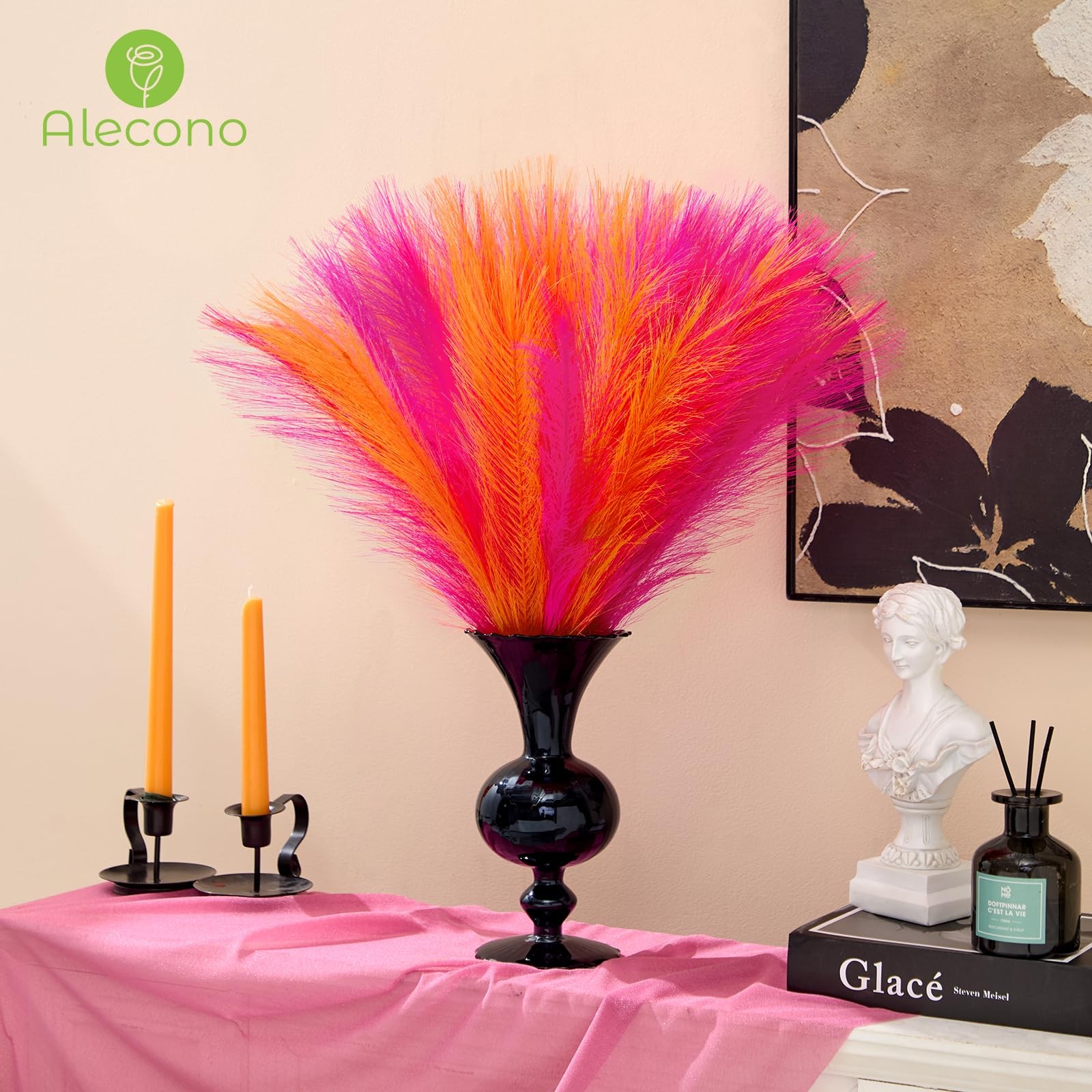 Pampas Grass 17in 𝟯𝟬𝙋𝙘𝙨, Orange and Hot Pink Artificial Faux Fluffy Pamp…
