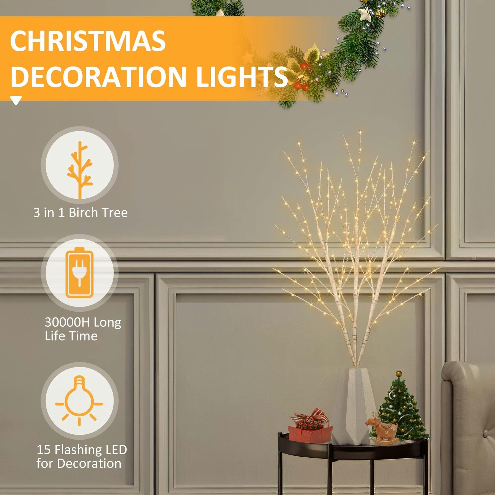 33 Inch Lighted Birch Tree Branch 180 LED Plug In Timer Christmas Decor