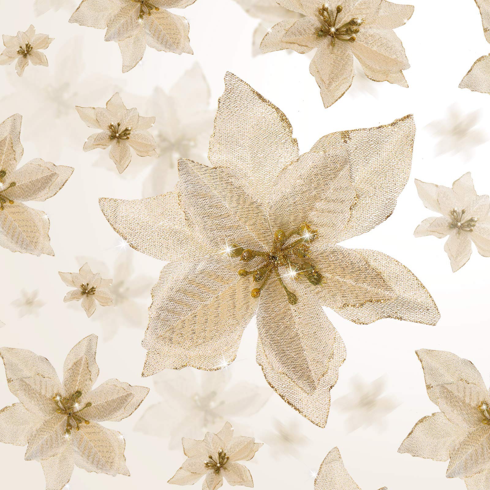 48 PCS 4 Size Christmas Glitter Poinsettia Artificial Flowers Gold Ornaments