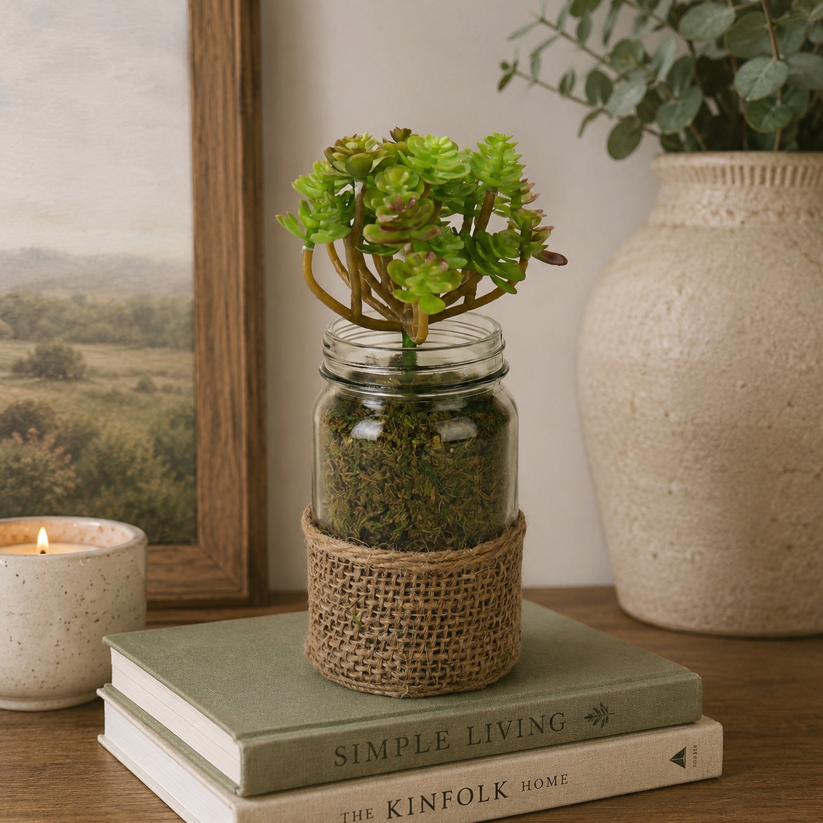 Melrose Artificial Potted Crassula Succulent Plant Glass Jar Burlap Grip 7.25″