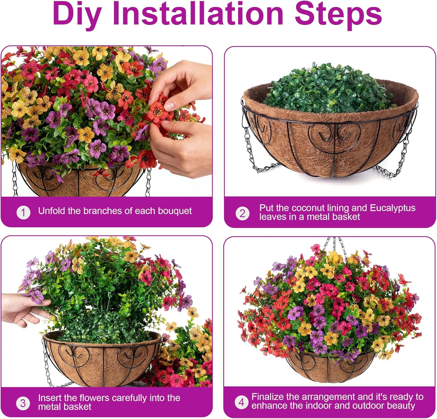 HyeFlora 2 Set Artificial Outdoor Flowers Hanging Basket, Faux Hanging Plants fo