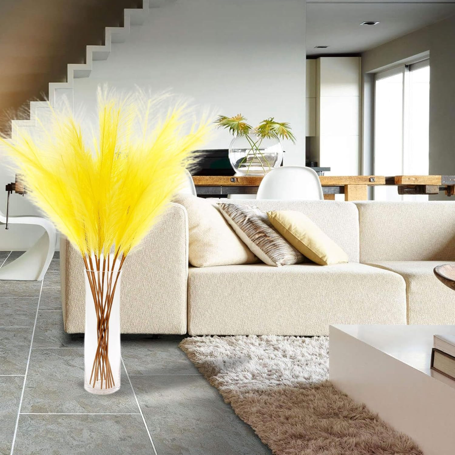 12 PCS Light Yellow Faux Pampas Grass 38″/3.1Ft Tall Artificial Pompous Grass La