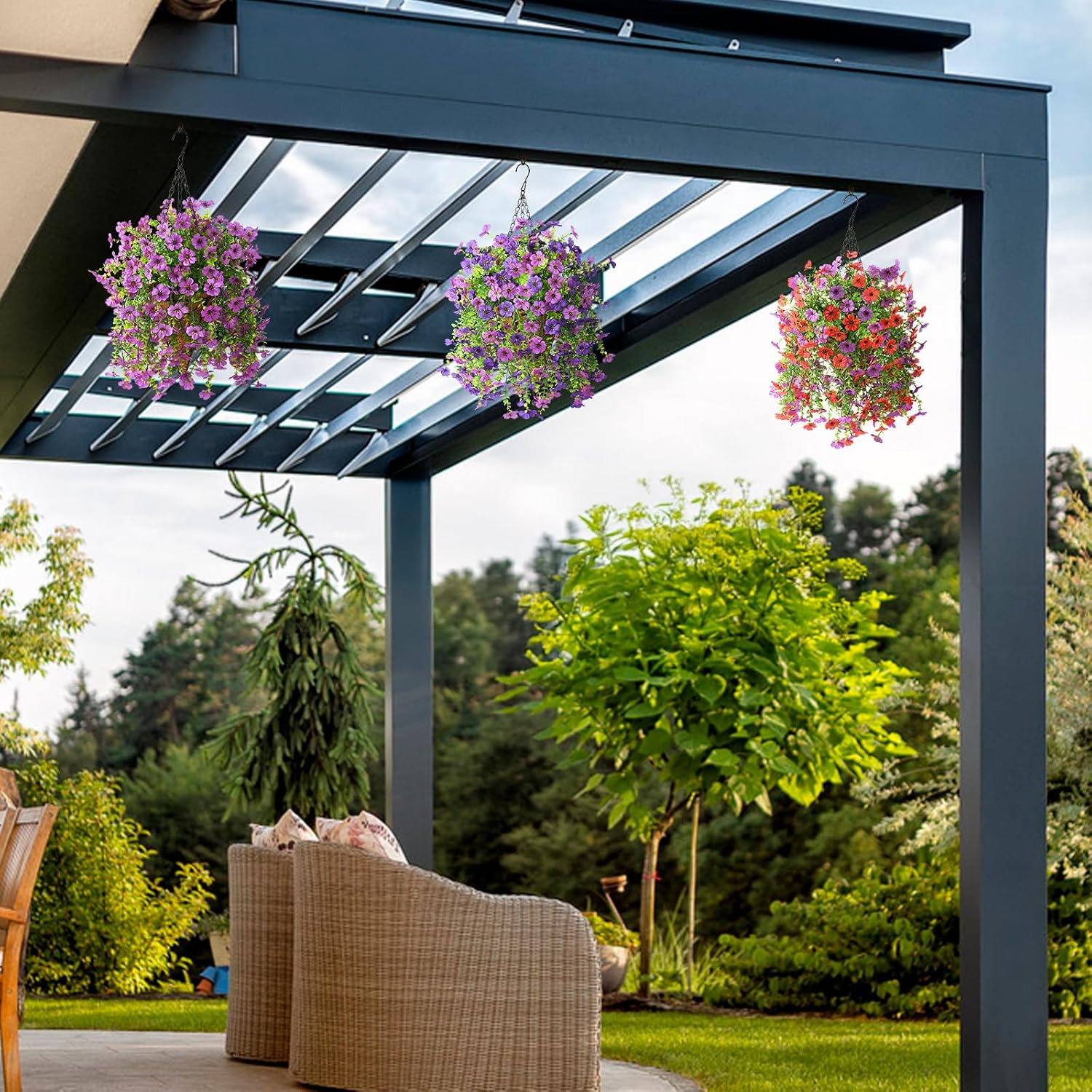 UV Resistant Faux Hanging Flowers Baskets for Outdoor Spring Decor – Mix Purple