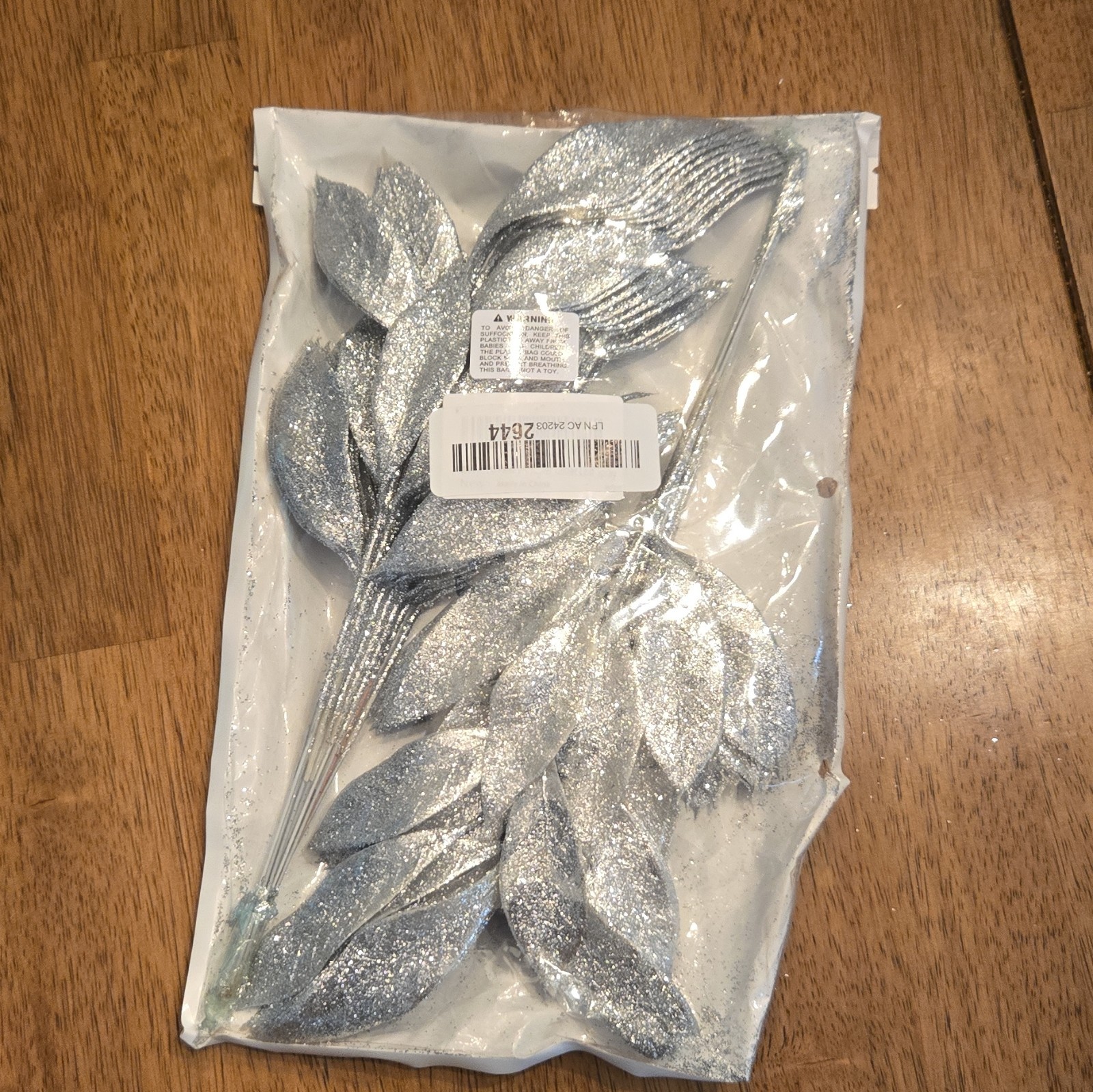 Silver Glitter Artificial Leaf Branch Spray Stem, Plastic, 18 in