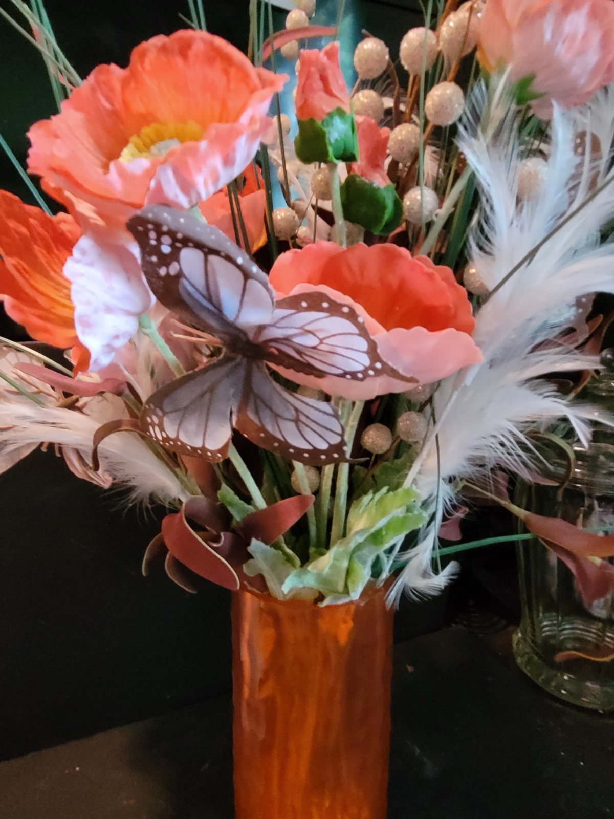 Artificial Poppy Flowers in Orange 8″Vase Butterfly,Feathers much More ,
